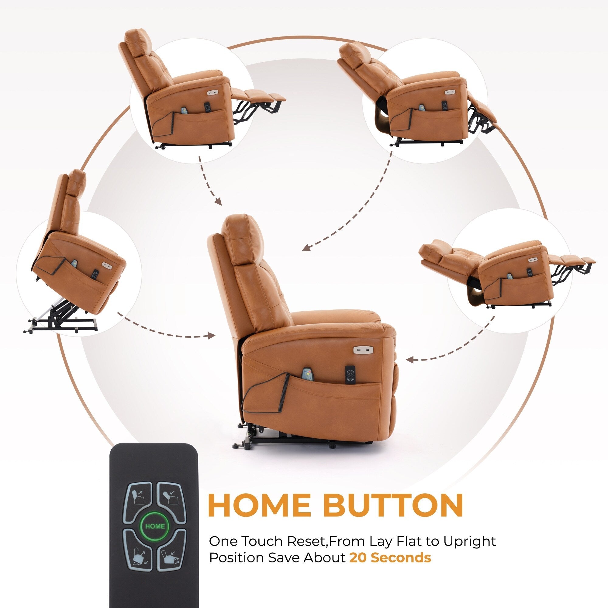 Fauteuil inclinable électrique en cuir caramel avec massage 8 points, chauffage lombaire, port USB, position à plat