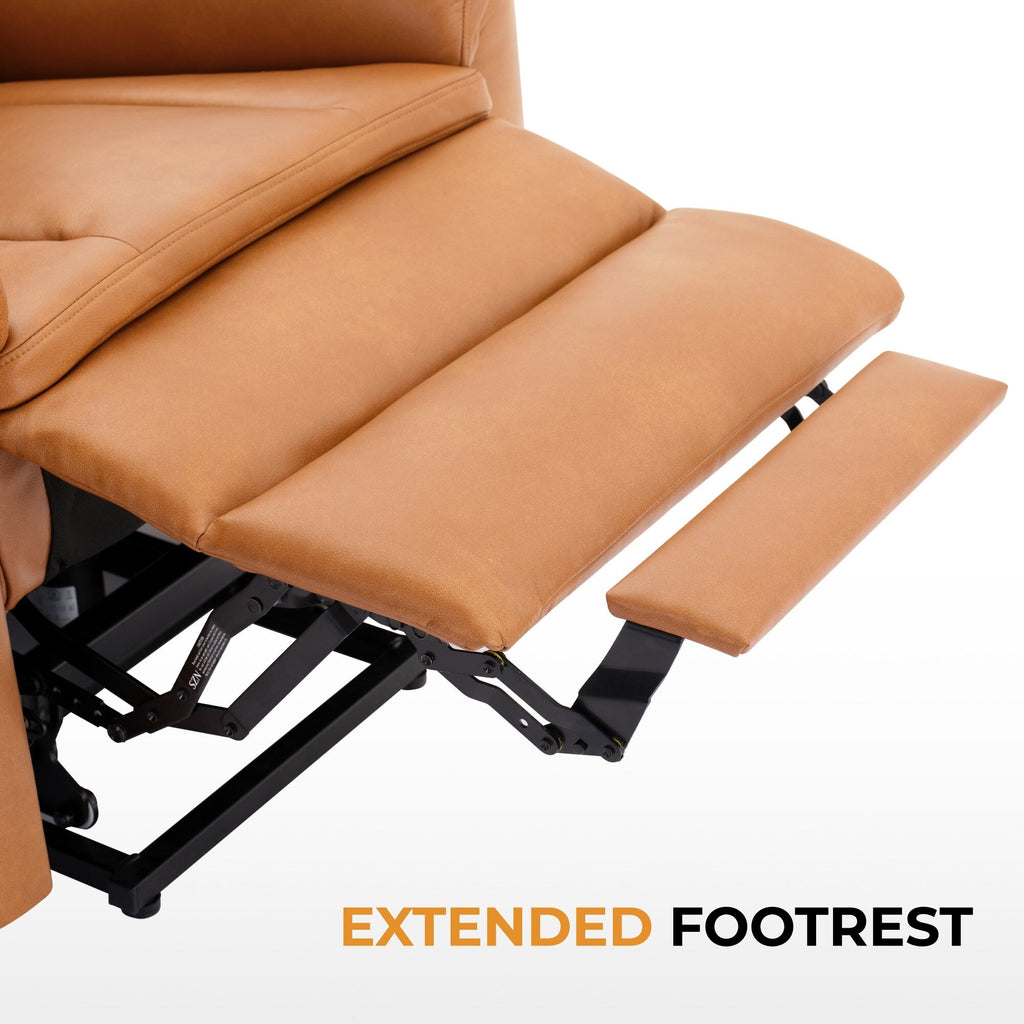 Fauteuil inclinable électrique en cuir caramel avec massage 8 points, chauffage lombaire, port USB, position à plat