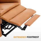 Fauteuil inclinable électrique en cuir caramel avec massage 8 points, chauffage lombaire, port USB, position à plat