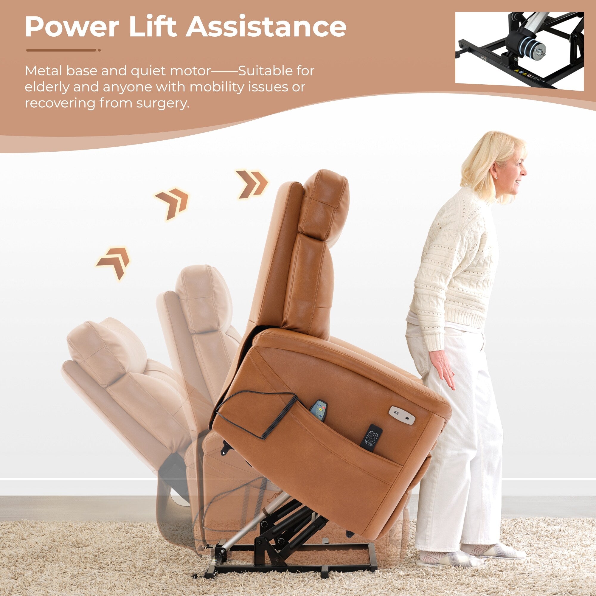 Fauteuil inclinable électrique en cuir caramel avec massage 8 points, chauffage lombaire, ports USB et Type-C, conception à plat