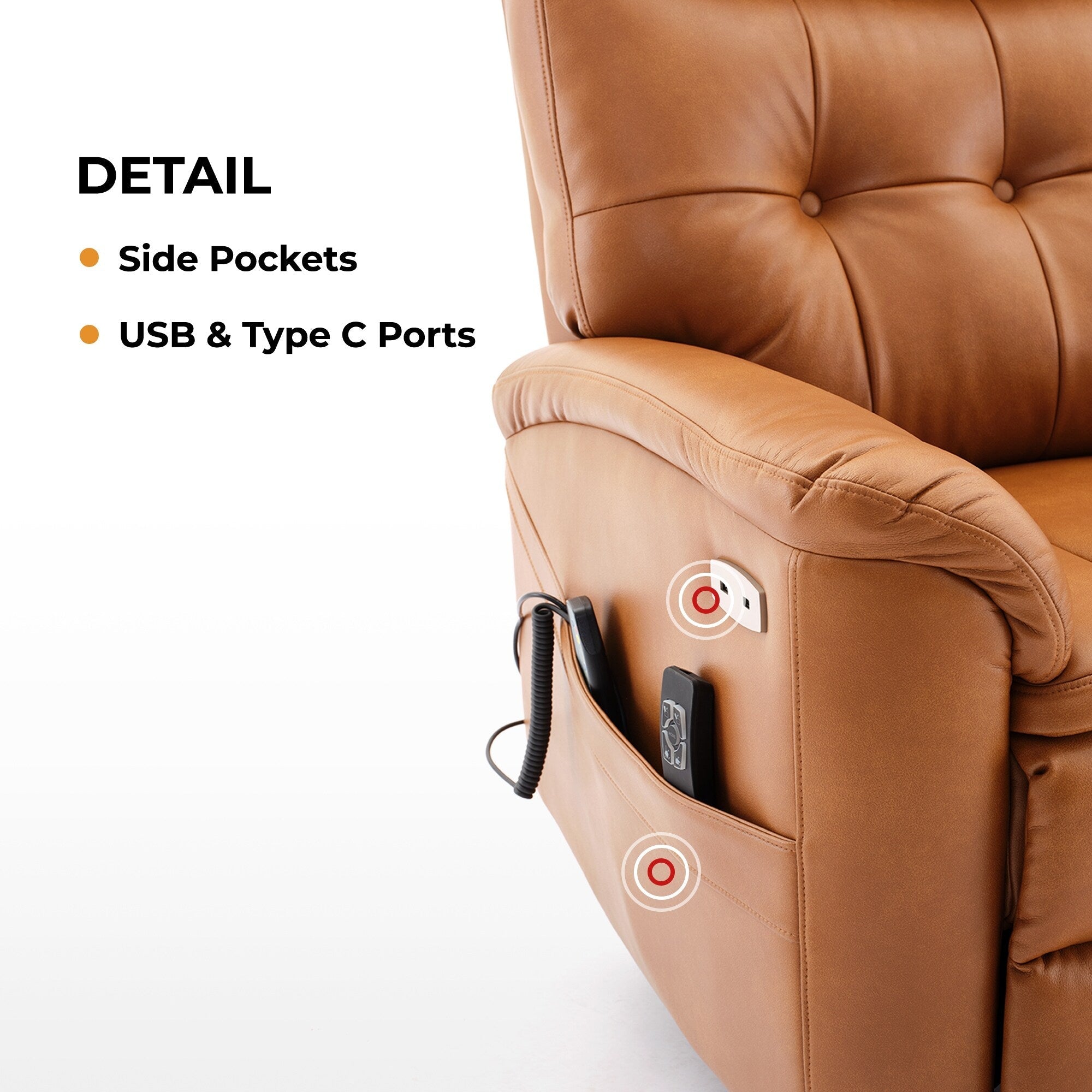 Fauteuil inclinable électrique en cuir caramel avec massage 8 points, chauffage lombaire, ports USB et Type-C, conception à plat