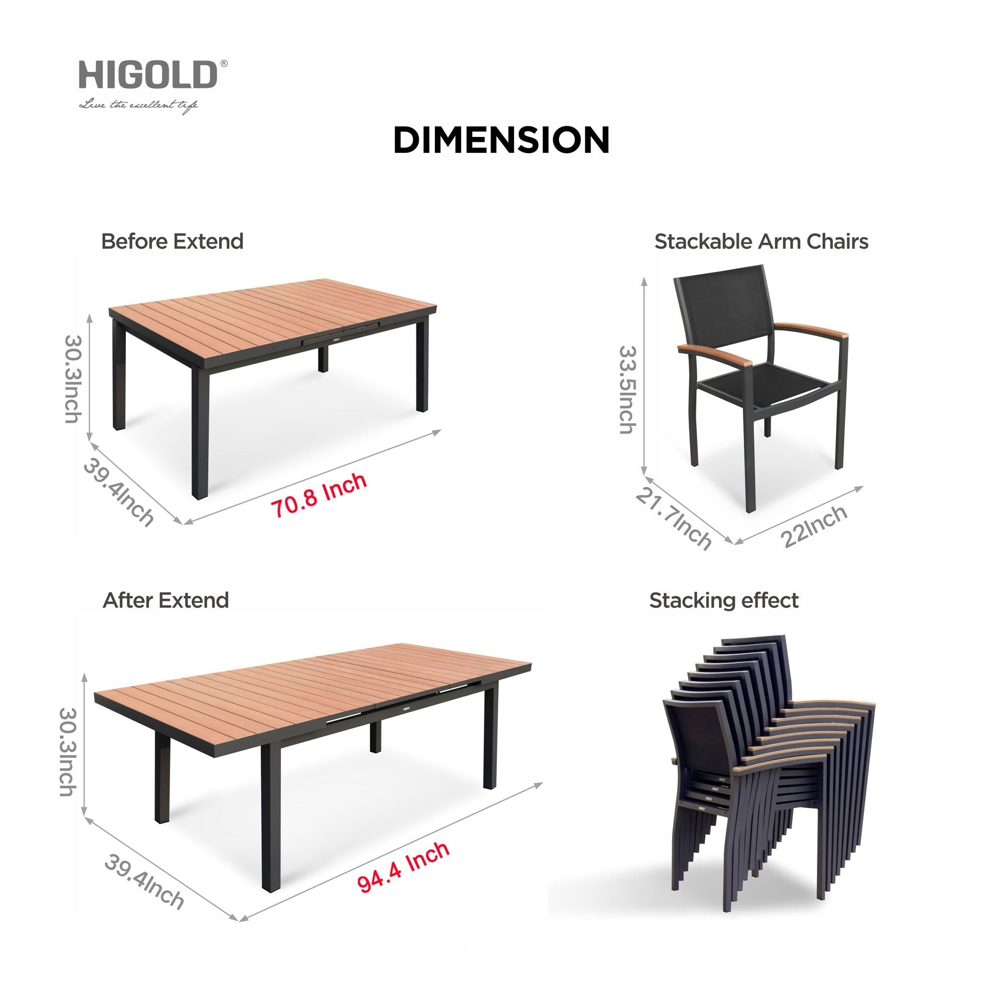 Ensemble de salle à manger d'extérieur Carlo 9 pièces en imitation bois et plastique pour 8 personnes, table extensible et chaises empilables