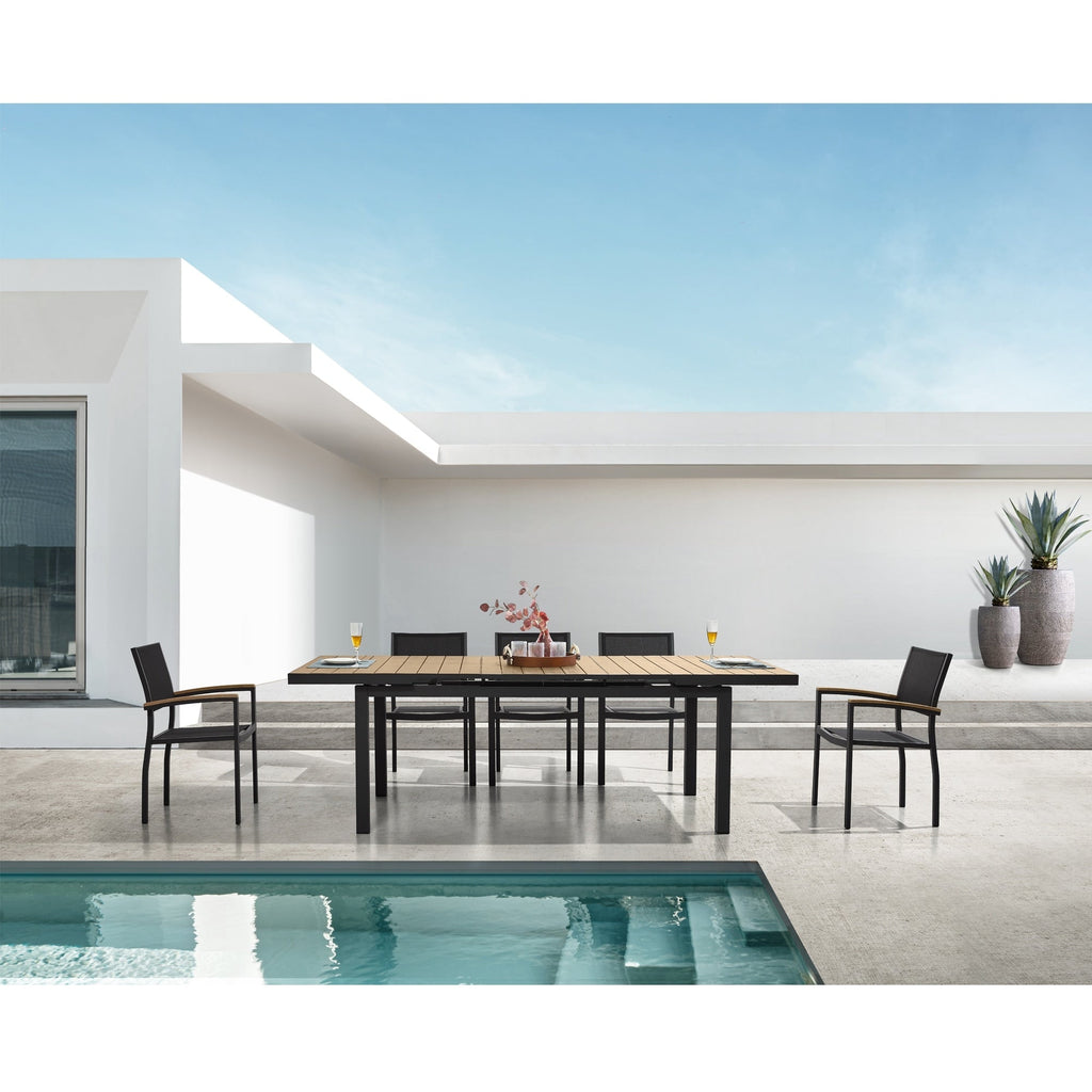 Ensemble de salle à manger d'extérieur Carlo 9 pièces en imitation bois et plastique pour 8 personnes, table extensible et chaises empilables