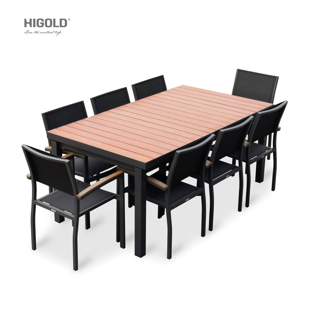 Ensemble de salle à manger d'extérieur Carlo 9 pièces en imitation bois et plastique pour 8 personnes, table extensible et chaises empilables