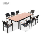 Ensemble de salle à manger d'extérieur Carlo 9 pièces en imitation bois et plastique pour 8 personnes, table extensible et chaises empilables