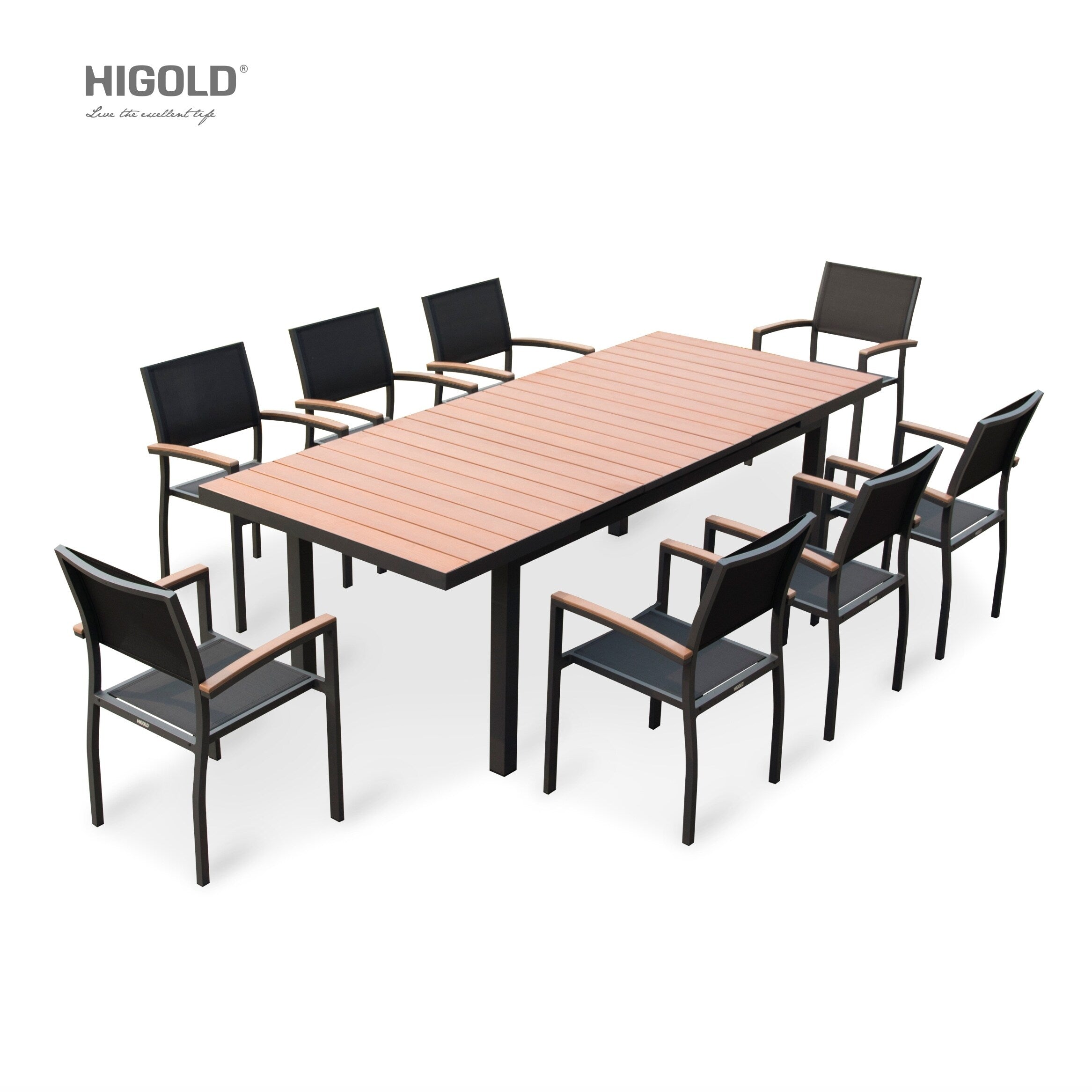 Ensemble de salle à manger d'extérieur Carlo 9 pièces en imitation bois et plastique pour 8 personnes, table extensible et chaises empilables