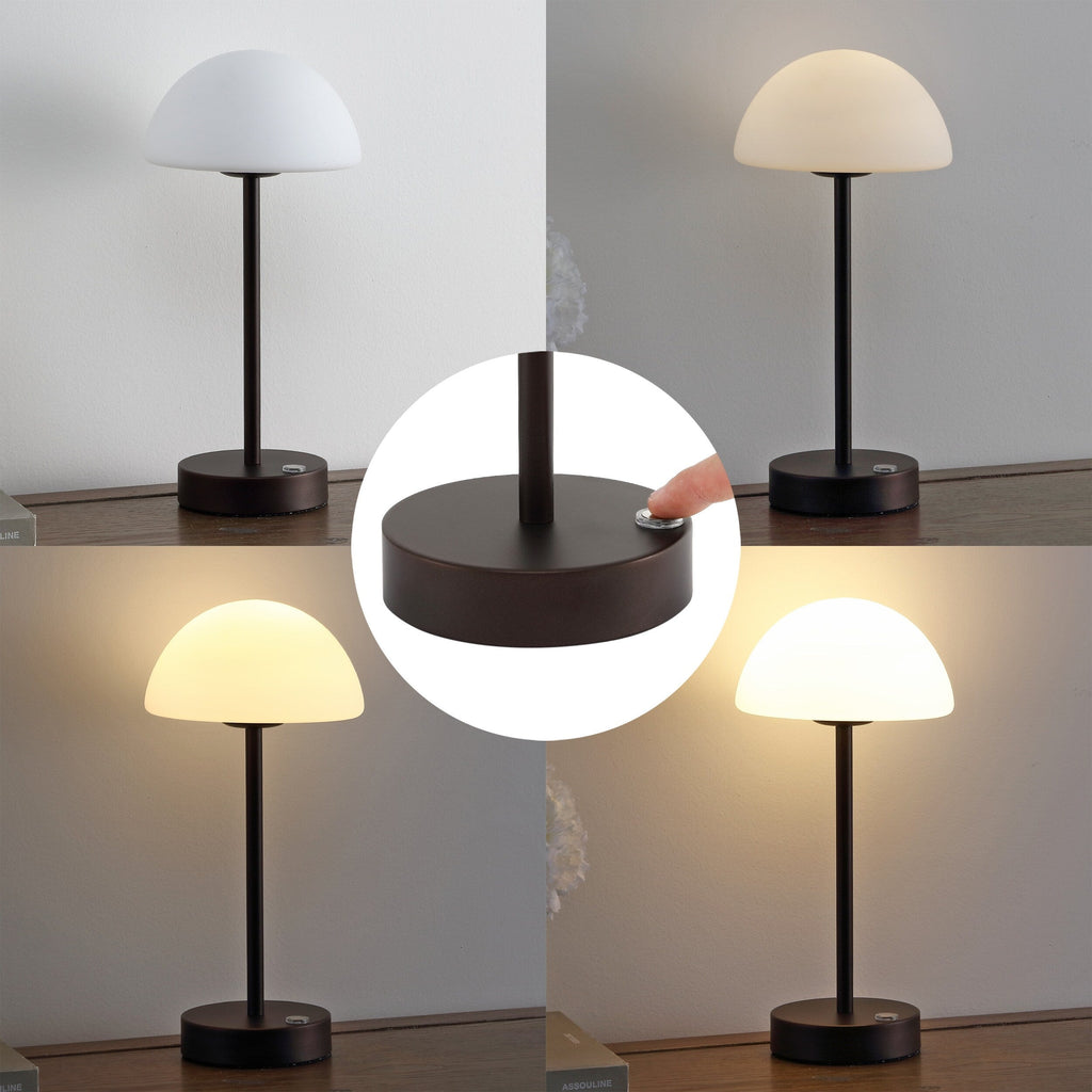 Lampe de table LED intégrée rechargeable sans fil Carson 12,5 cm, style minimaliste moderne, en fer, nickel/blanc, par JONATHAN Y
