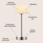 Lampe de table LED intégrée rechargeable sans fil Carson 12,5 cm, style minimaliste moderne, en fer, nickel/blanc, par JONATHAN Y