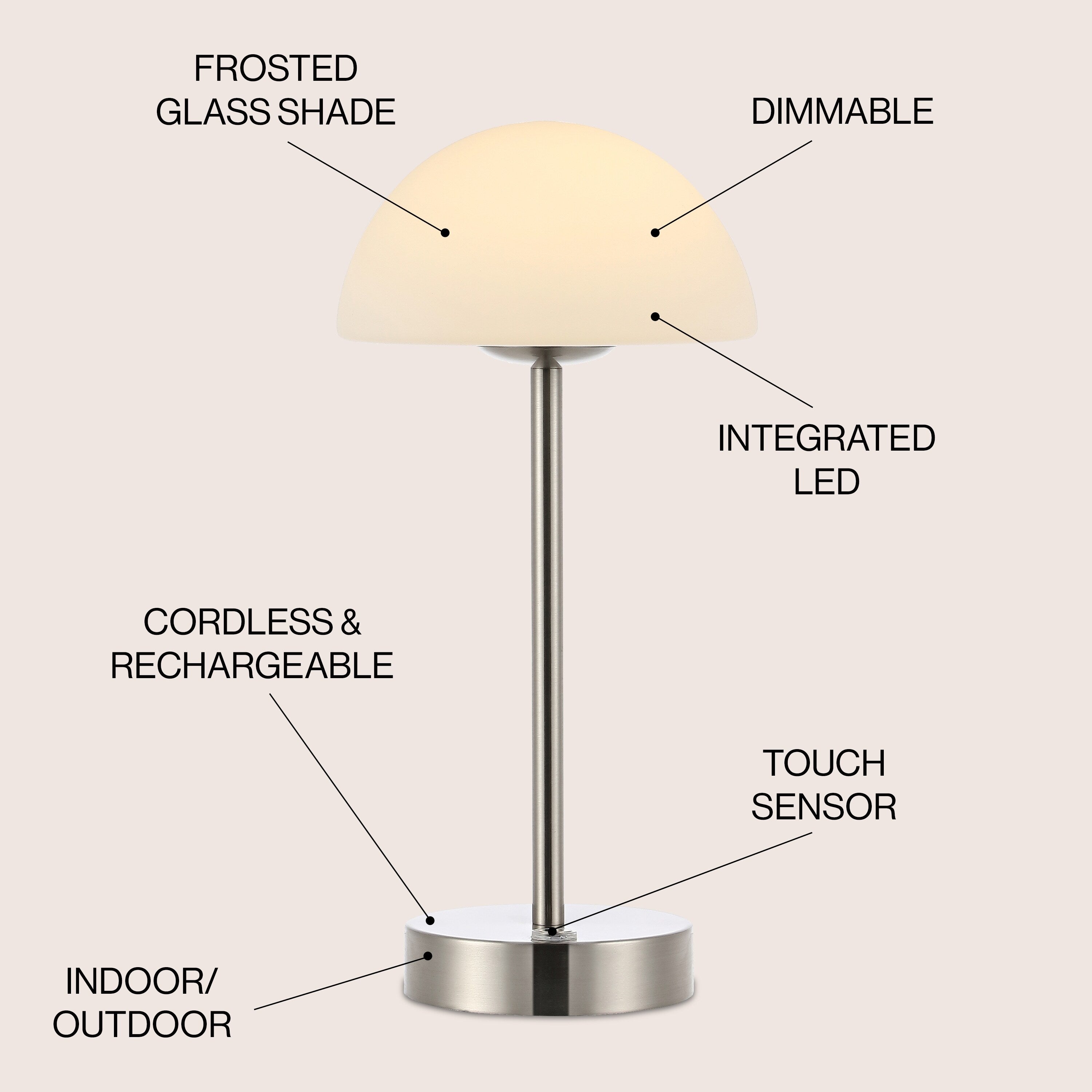 Lampe de table LED intégrée rechargeable sans fil Carson 12,5 cm, style minimaliste moderne, en fer, nickel/blanc, par JONATHAN Y