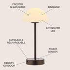 Lampe de table LED intégrée rechargeable sans fil Carson 12,5 cm, style minimaliste moderne, en fer, nickel/blanc, par JONATHAN Y
