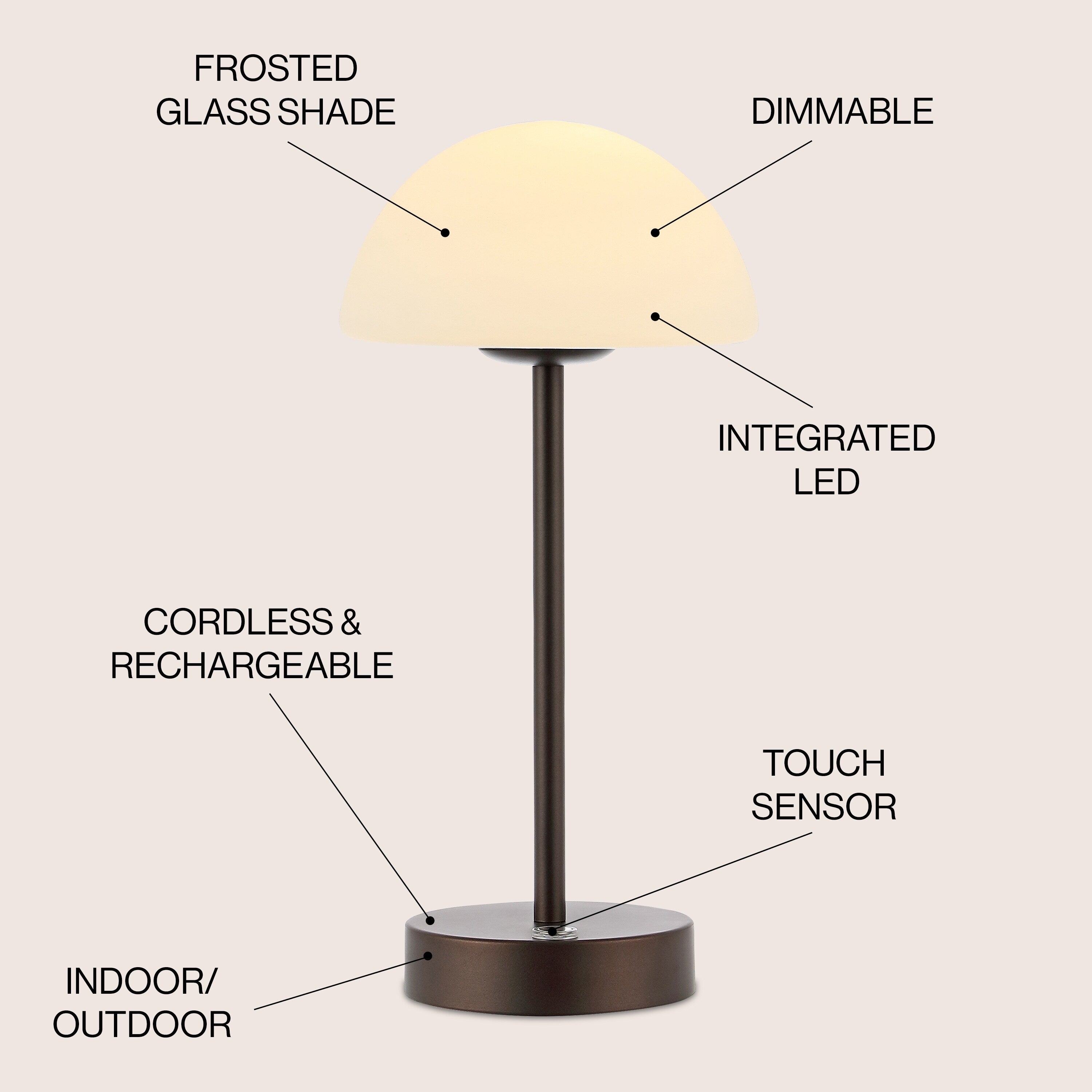 Lampe de table LED intégrée rechargeable sans fil Carson 12,5 cm, style minimaliste moderne, en fer, nickel/blanc, par JONATHAN Y