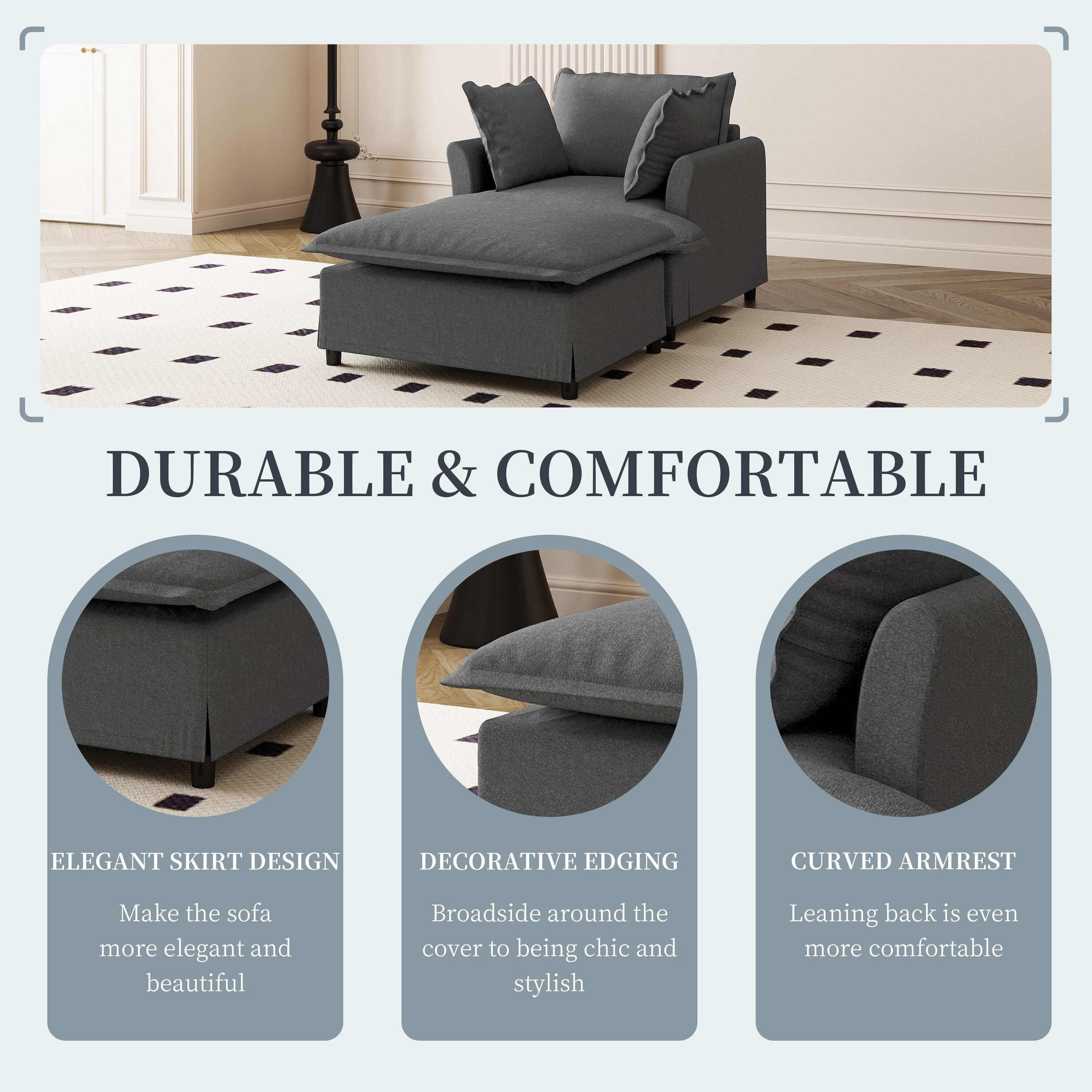 Chaise longue, canapé-lit simple en chenille avec assise large, fauteuil-lit rembourré avec pouf amovible, ensemble de canapé de lecture