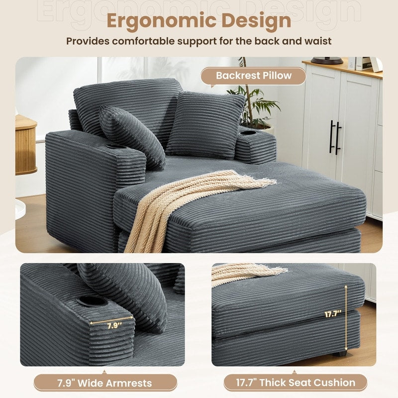 Canapé en velours côtelé de style chaise longue avec porte-gobelets et 3 coussins de dossier « Design de salon inclinable »