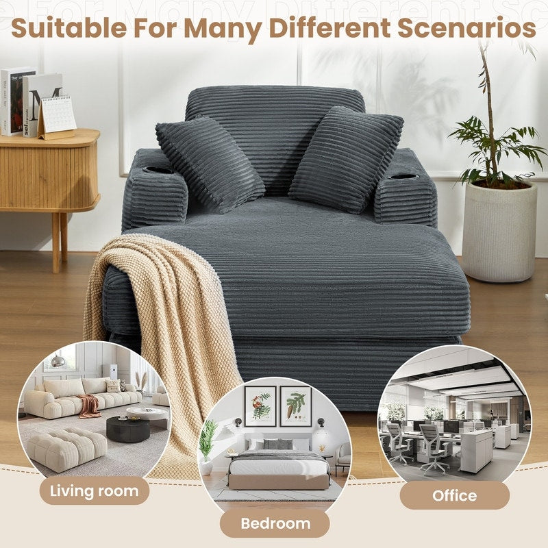 Canapé en velours côtelé de style chaise longue avec porte-gobelets et 3 coussins de dossier « Design de salon inclinable »