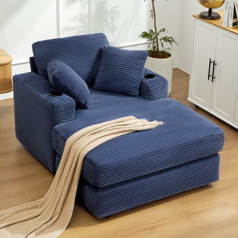 Canapé en velours côtelé de style chaise longue avec porte-gobelets et 3 coussins de dossier « Design de salon inclinable »