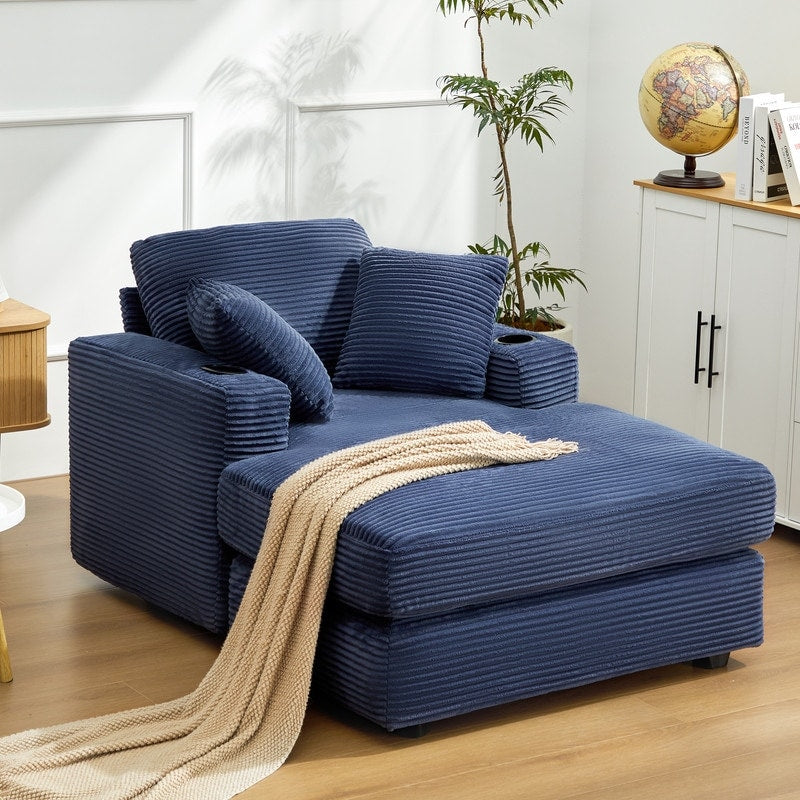 Canapé en velours côtelé de style chaise longue avec porte-gobelets et 3 coussins de dossier « Design de salon inclinable »