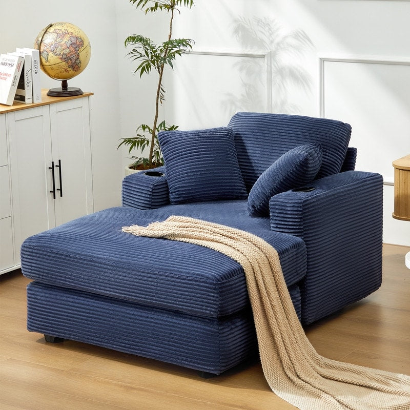 Canapé en velours côtelé de style chaise longue avec porte-gobelets et 3 coussins de dossier « Design de salon inclinable »