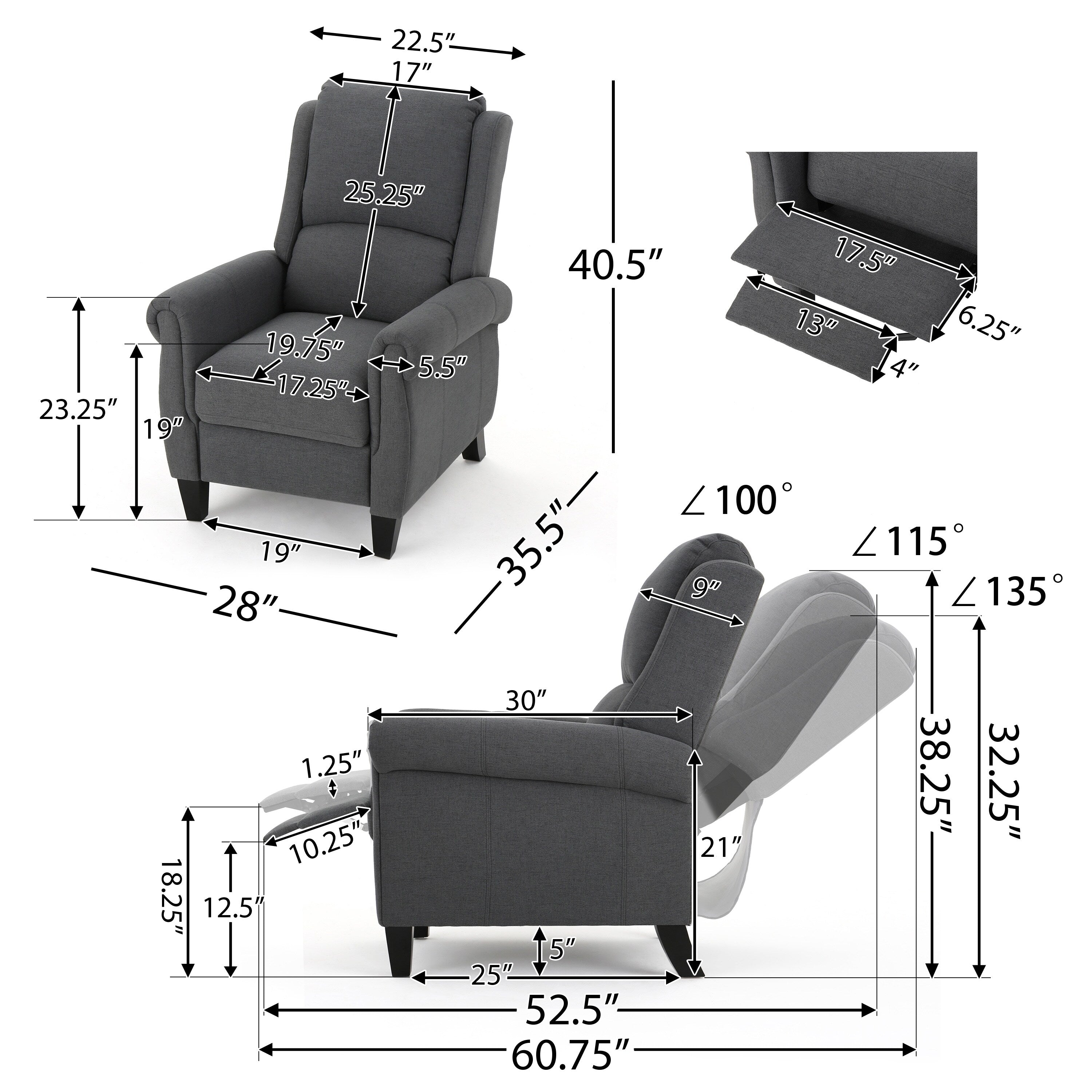 Fauteuil inclinable à dossier relevable en tissu anthracite (entretien facile)
