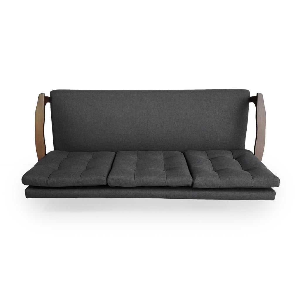 Canapé 3 places gris anthracite style Mid-Century avec capitonnage à boutons et pieds en bois d'hévéa pour le salon