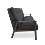 Canapé 3 places gris anthracite style Mid-Century avec capitonnage à boutons et pieds en bois d'hévéa pour le salon