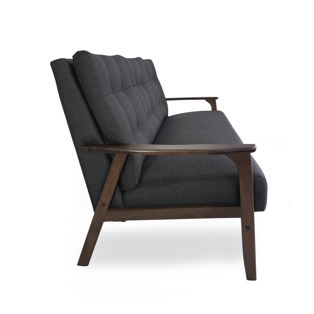 Canapé 3 places capitonné gris anthracite style Mid-Century avec pieds en bois d'hévéa