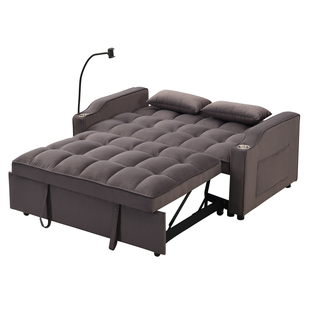 Canapé-lit convertible 3 en 1 en velours gris anthracite avec dossier inclinable réglable et coussins décoratifs