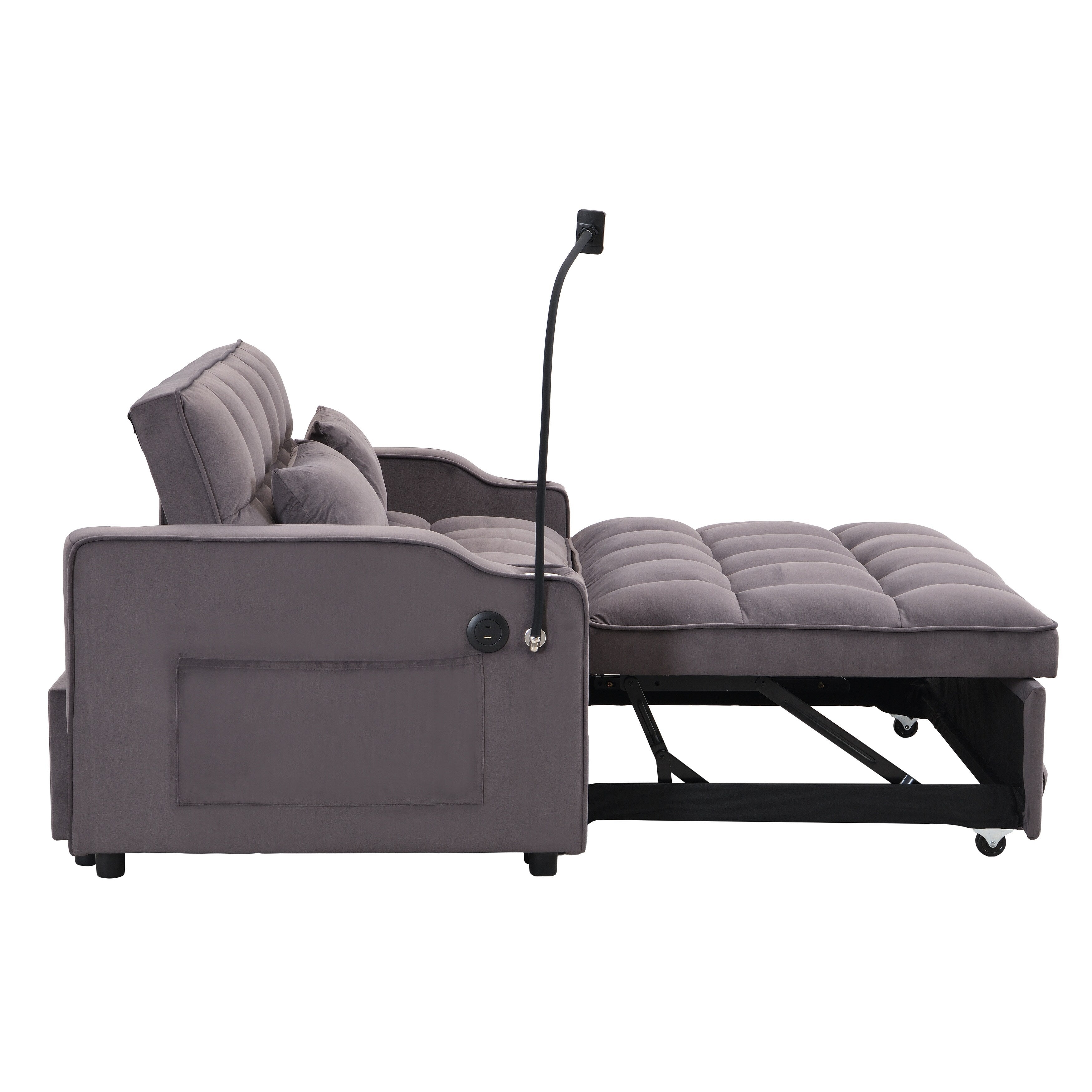 Canapé-lit convertible 3 en 1 en velours gris anthracite avec dossier inclinable réglable et coussins décoratifs