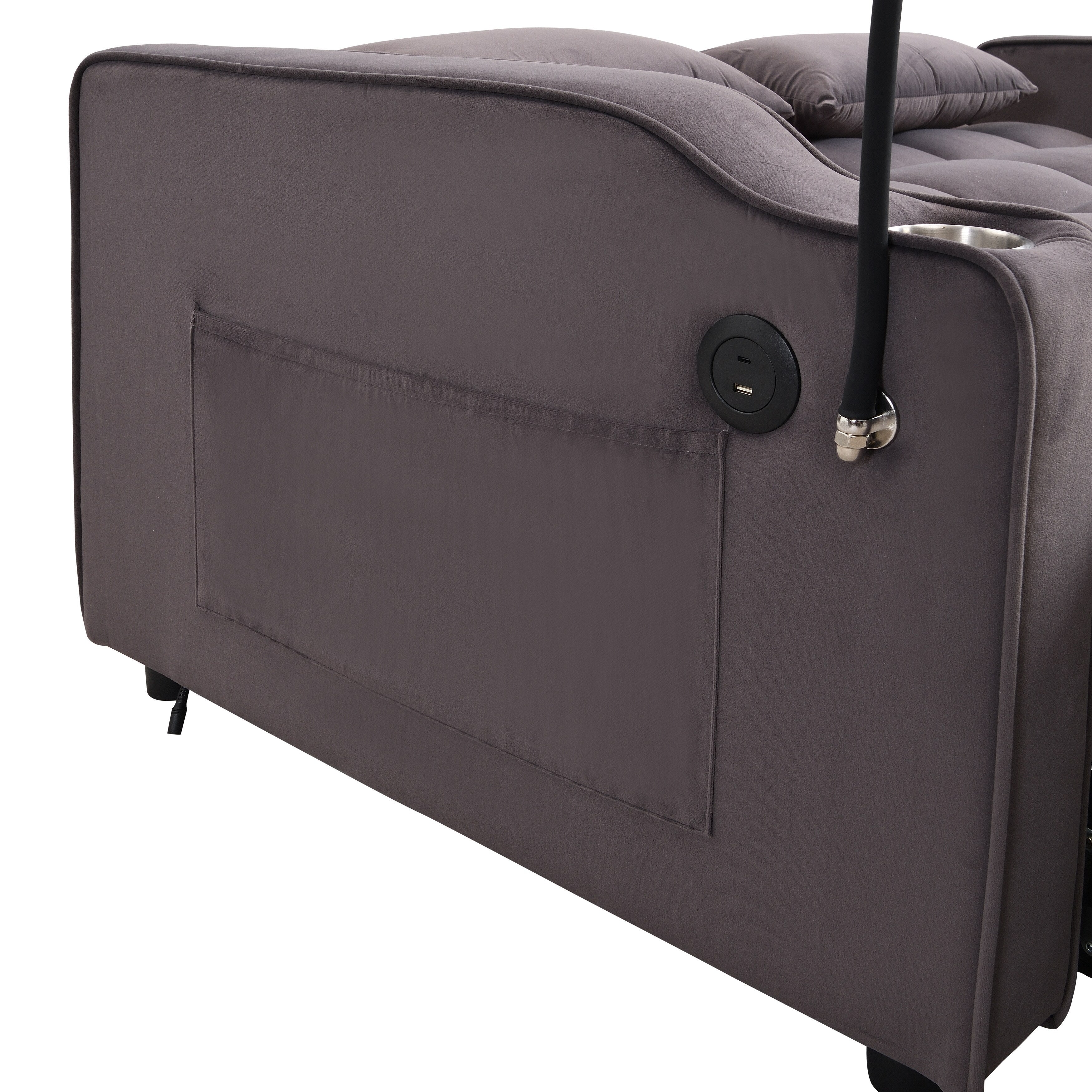 Canapé-lit gigogne en velours gris anthracite, convertible, dossier réglable, chargement USB, montage facile