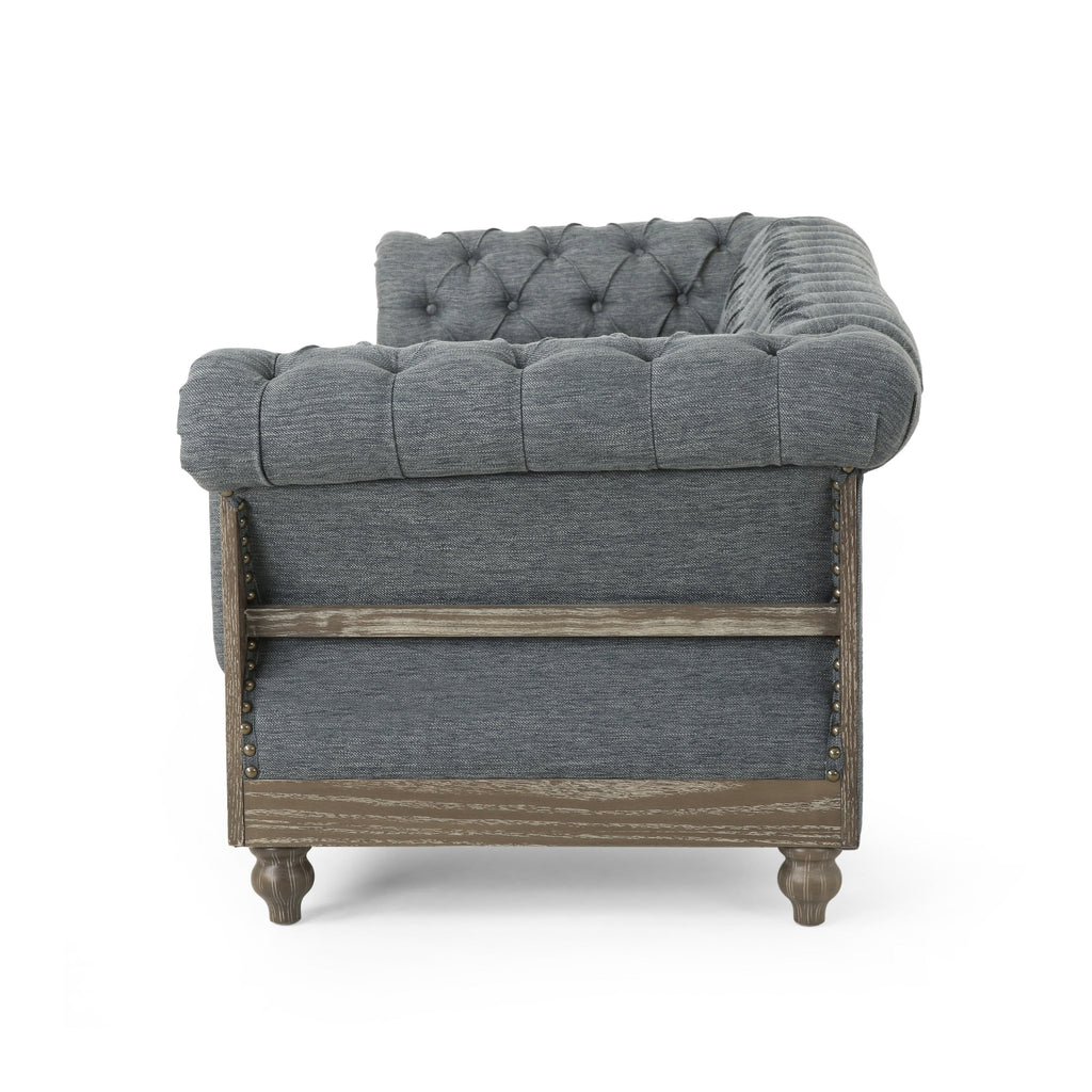 Canapé Chesterfield 3 places capitonné de style rétro anthracite avec pieds en bois pour le salon