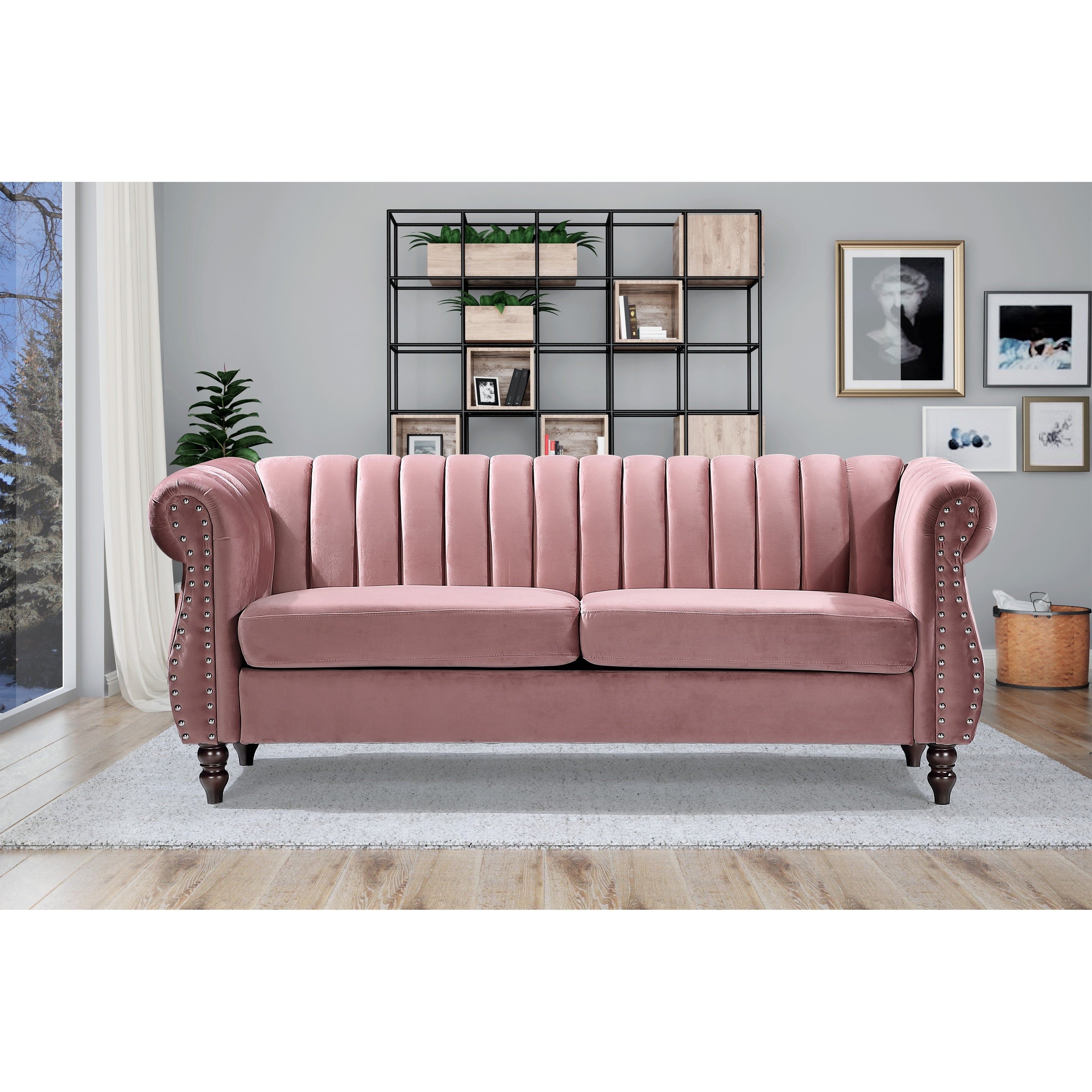 Canapé Chesterfield en velours Charlot à accoudoirs roulés