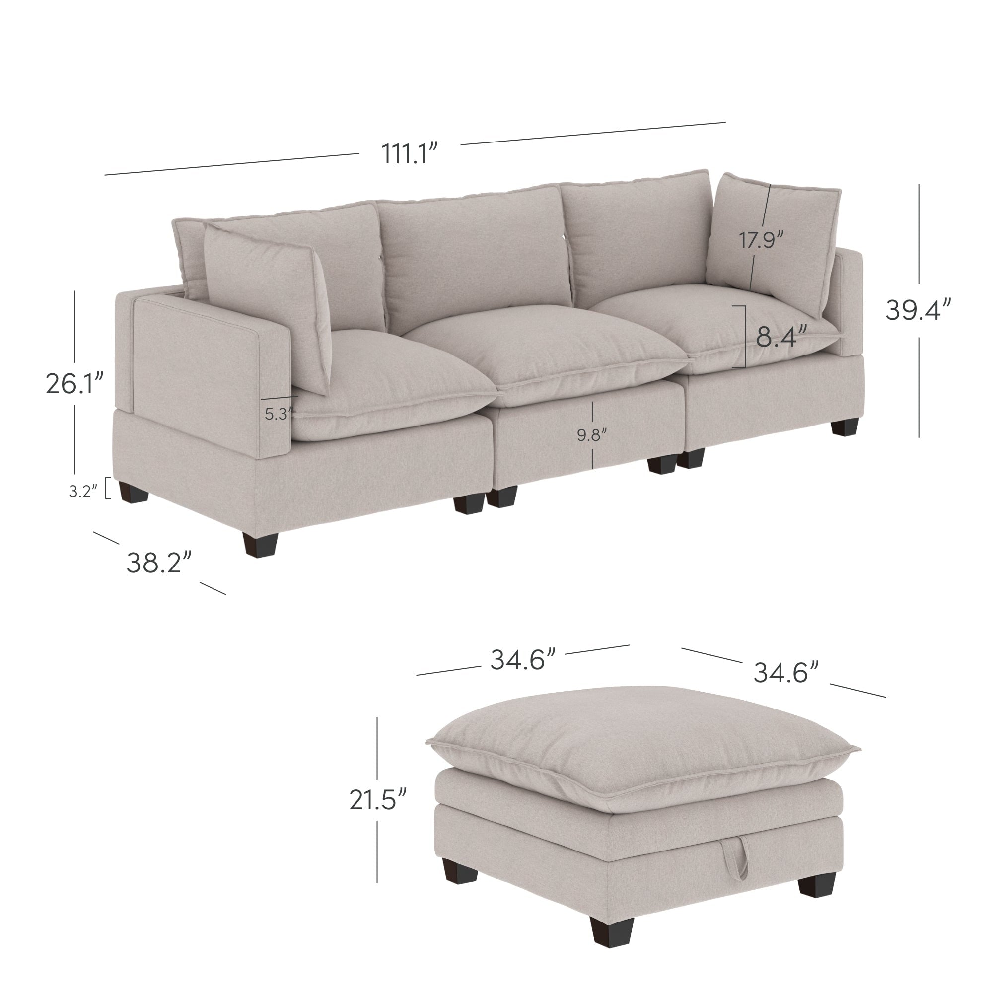 Canapé modulaire rembourré Chelsea Modern Cloud avec assise profonde et coussins moelleux