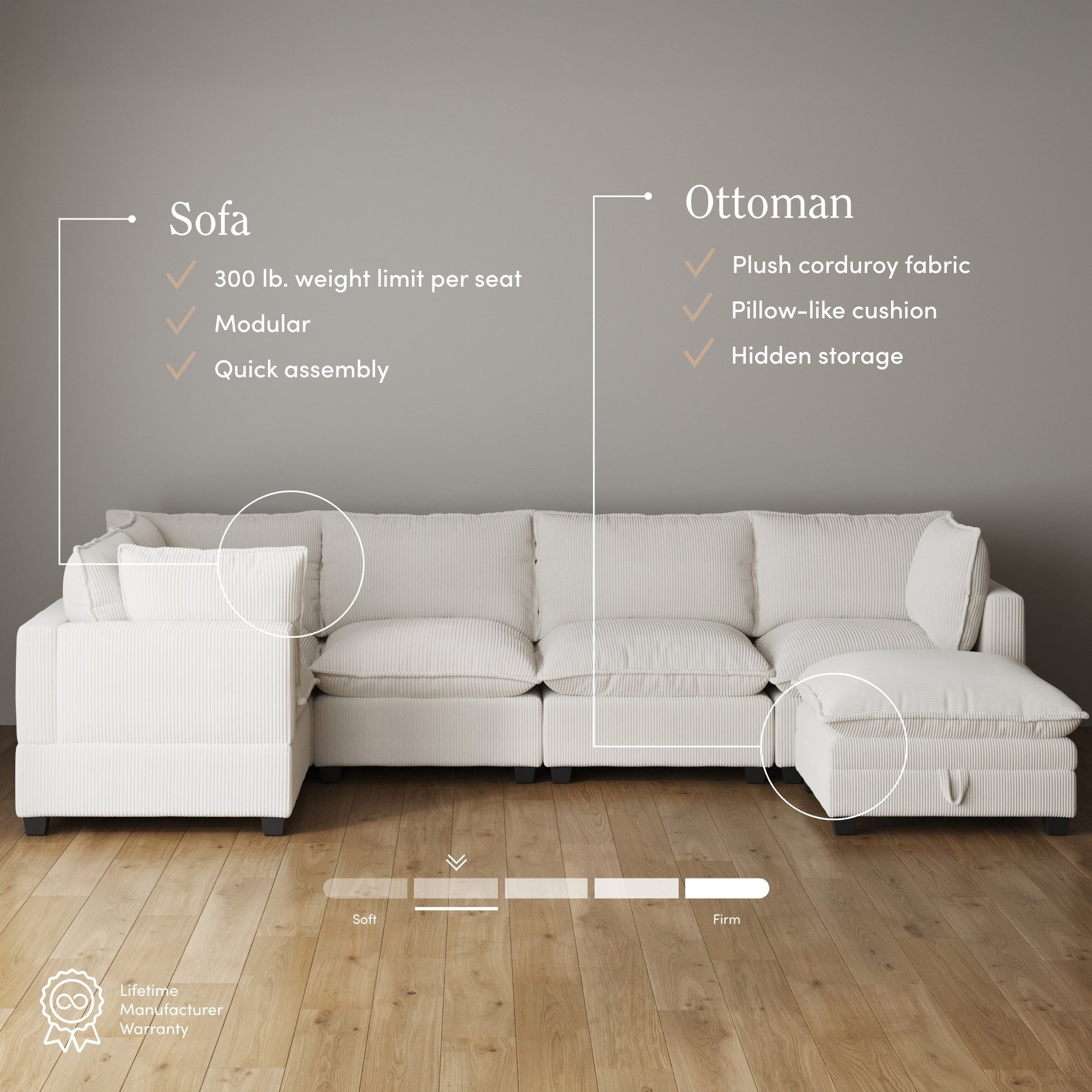 Canapé modulaire rembourré Chelsea Modern Cloud avec assise profonde et coussins moelleux