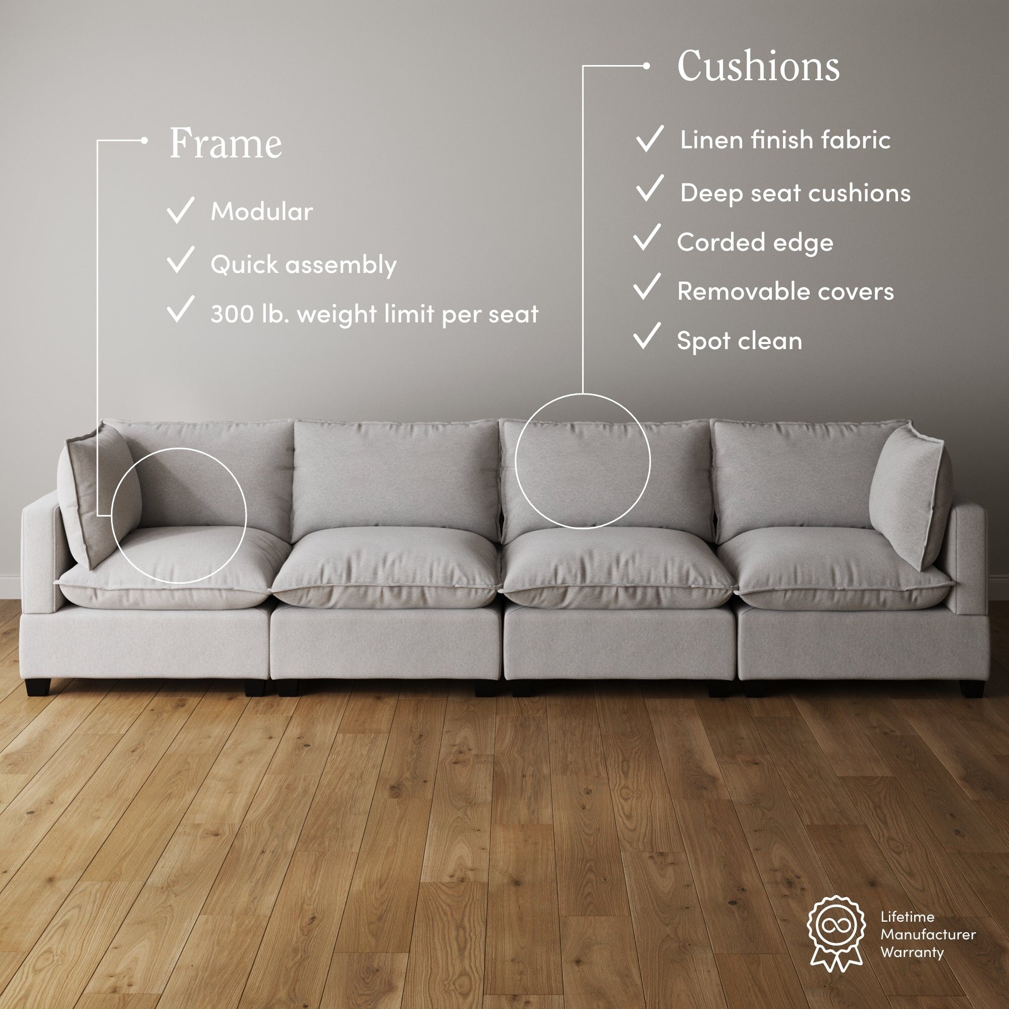 Canapé modulaire rembourré Chelsea Modern Cloud avec assise profonde et coussins moelleux