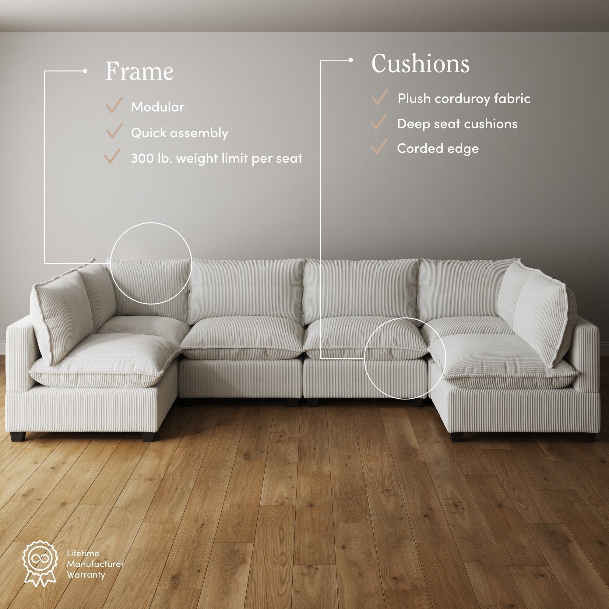 Canapé modulaire rembourré Chelsea Modern Cloud avec assise profonde et coussins moelleux