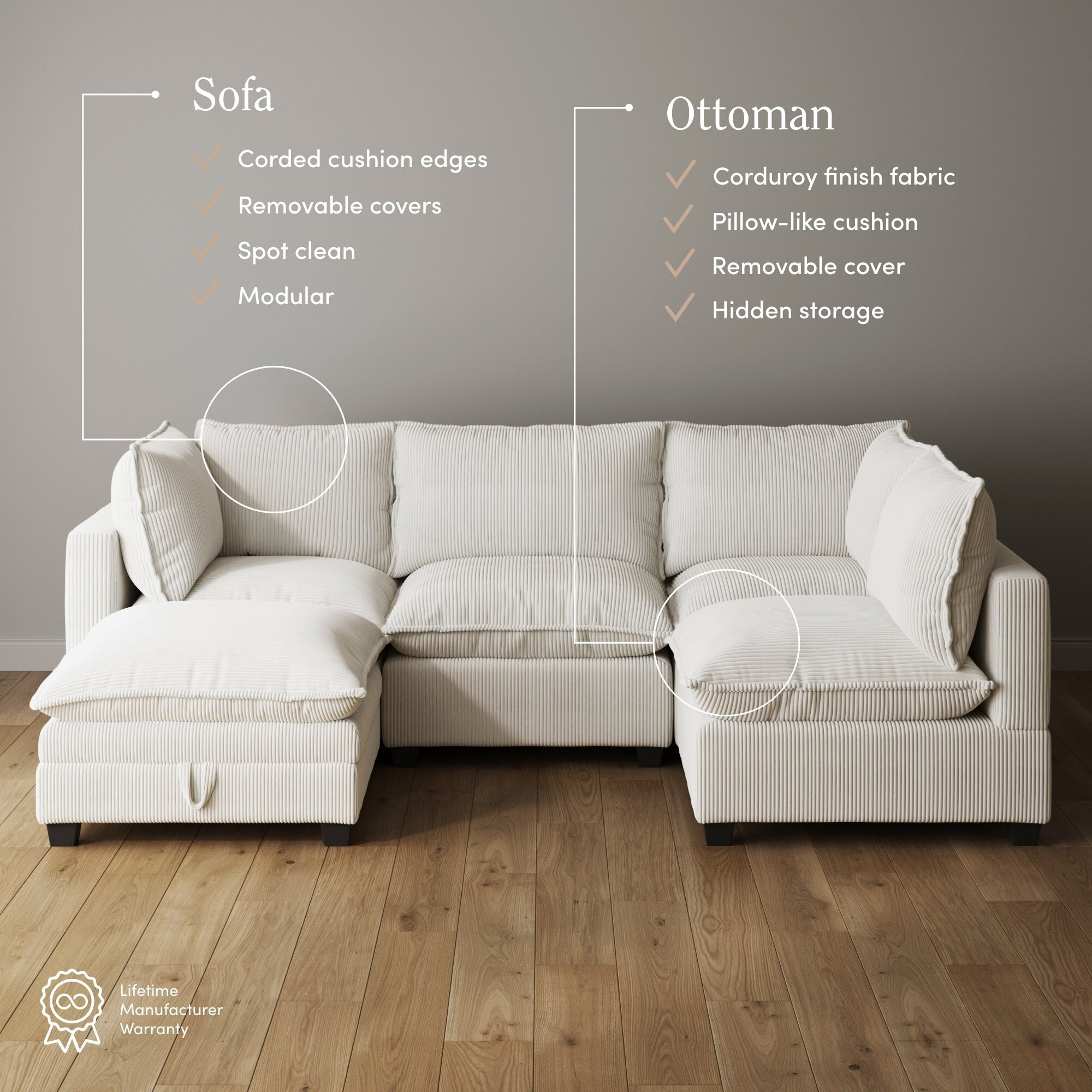 Canapé modulaire rembourré Chelsea Modern Cloud avec assise profonde et coussins moelleux