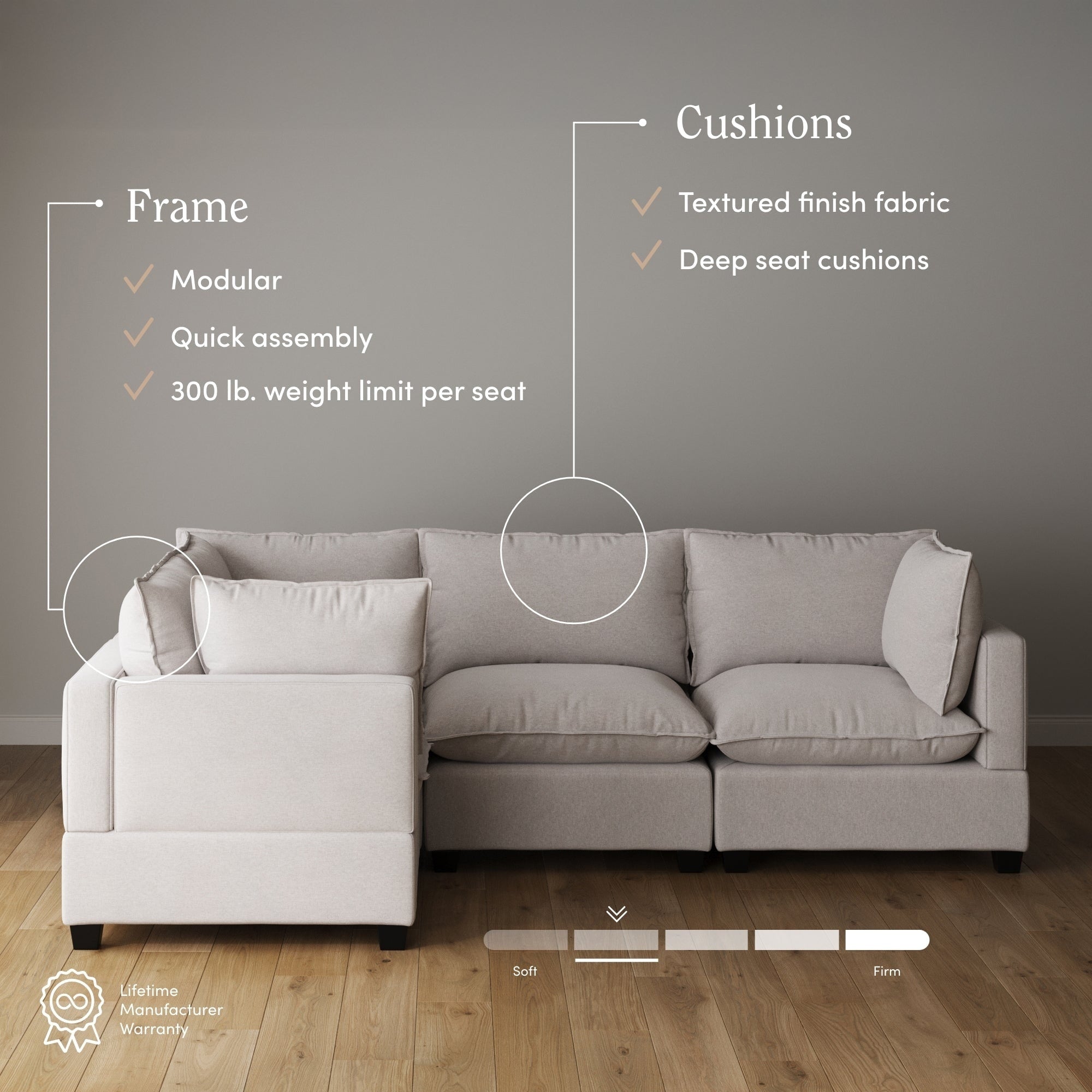 Canapé modulaire rembourré Chelsea Modern Cloud avec assise profonde et coussins moelleux