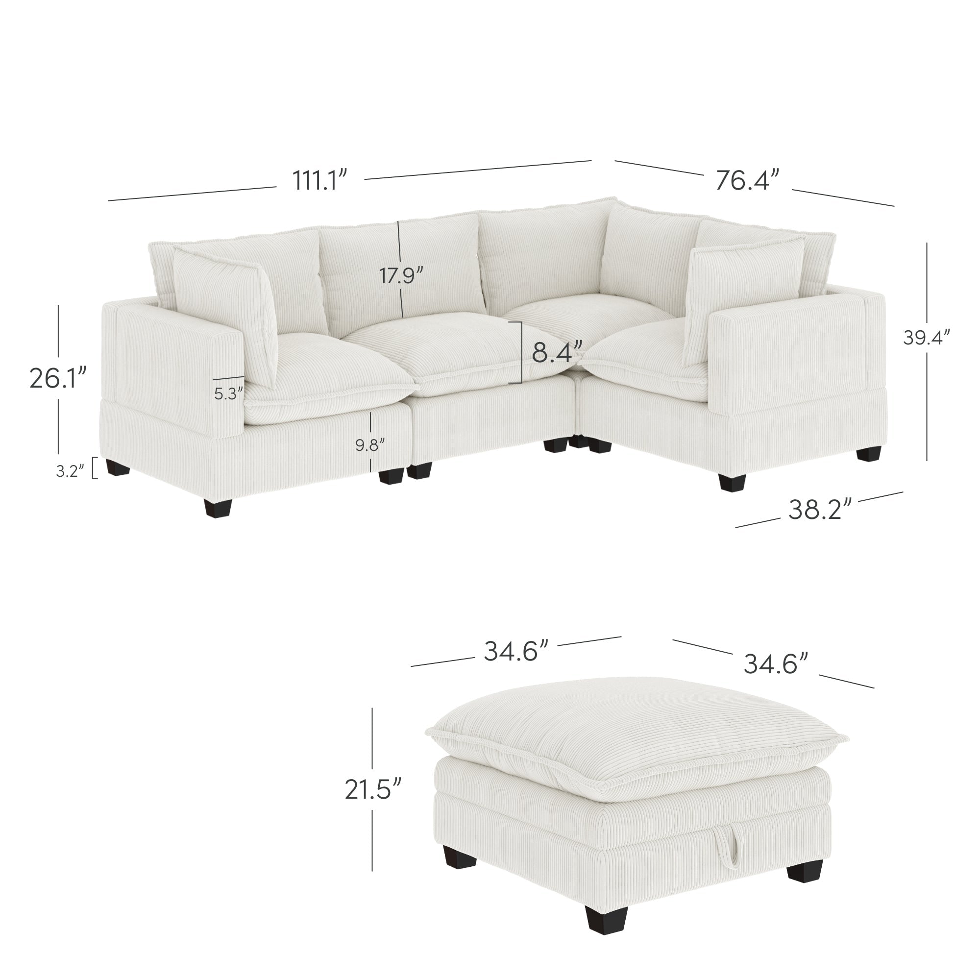 Canapé modulaire rembourré Chelsea Modern Cloud avec assise profonde et coussins moelleux