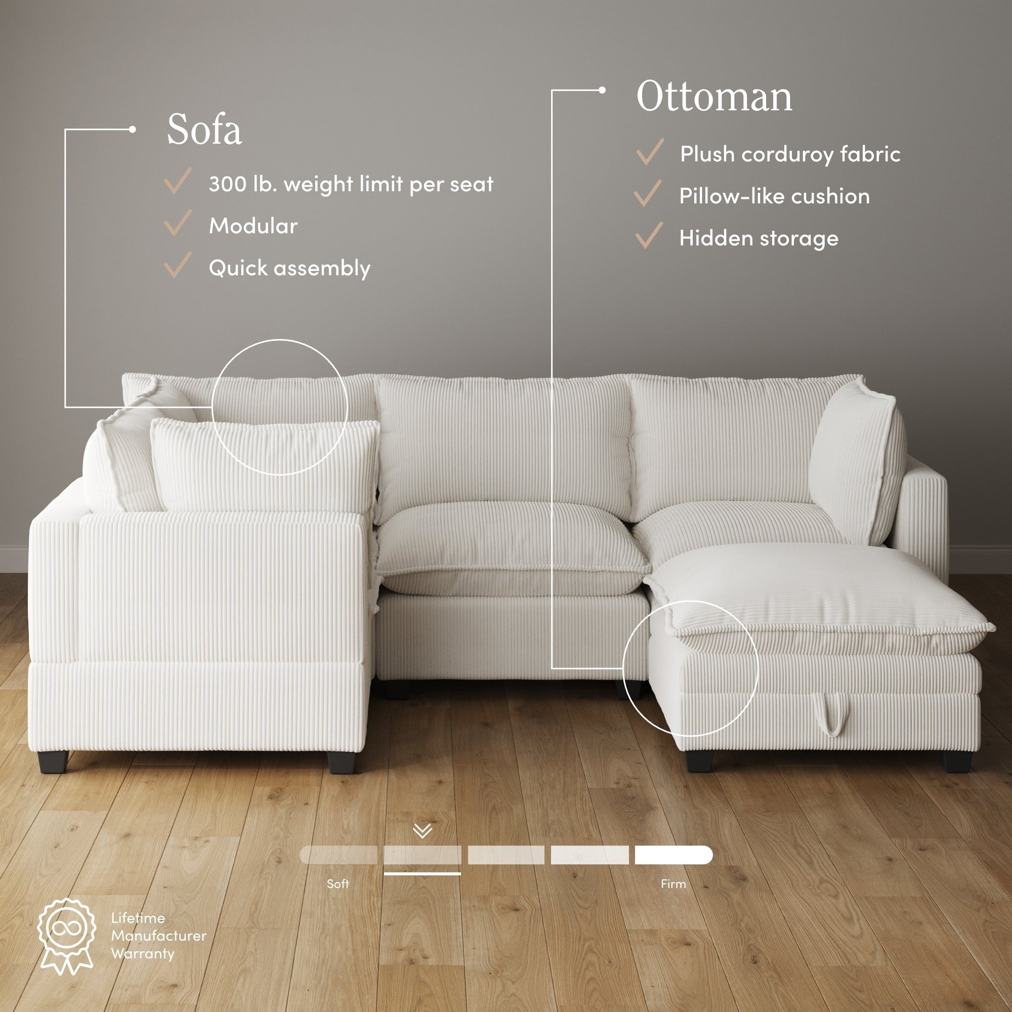 Canapé modulaire rembourré Chelsea Modern Cloud avec assise profonde et coussins moelleux