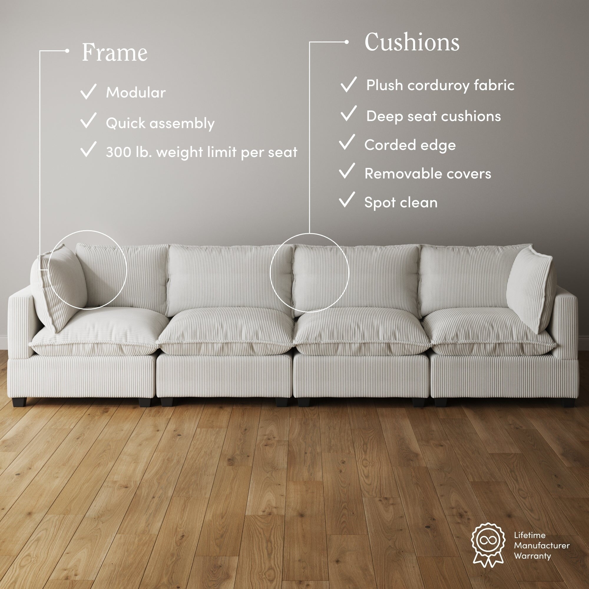 Canapé modulaire rembourré Chelsea Modern Cloud avec assise profonde et coussins moelleux