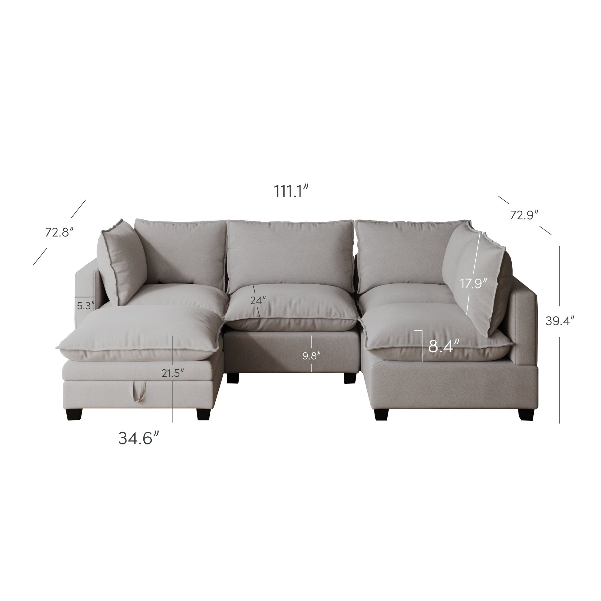 Canapé modulaire rembourré Chelsea Modern Cloud avec assise profonde et coussins moelleux