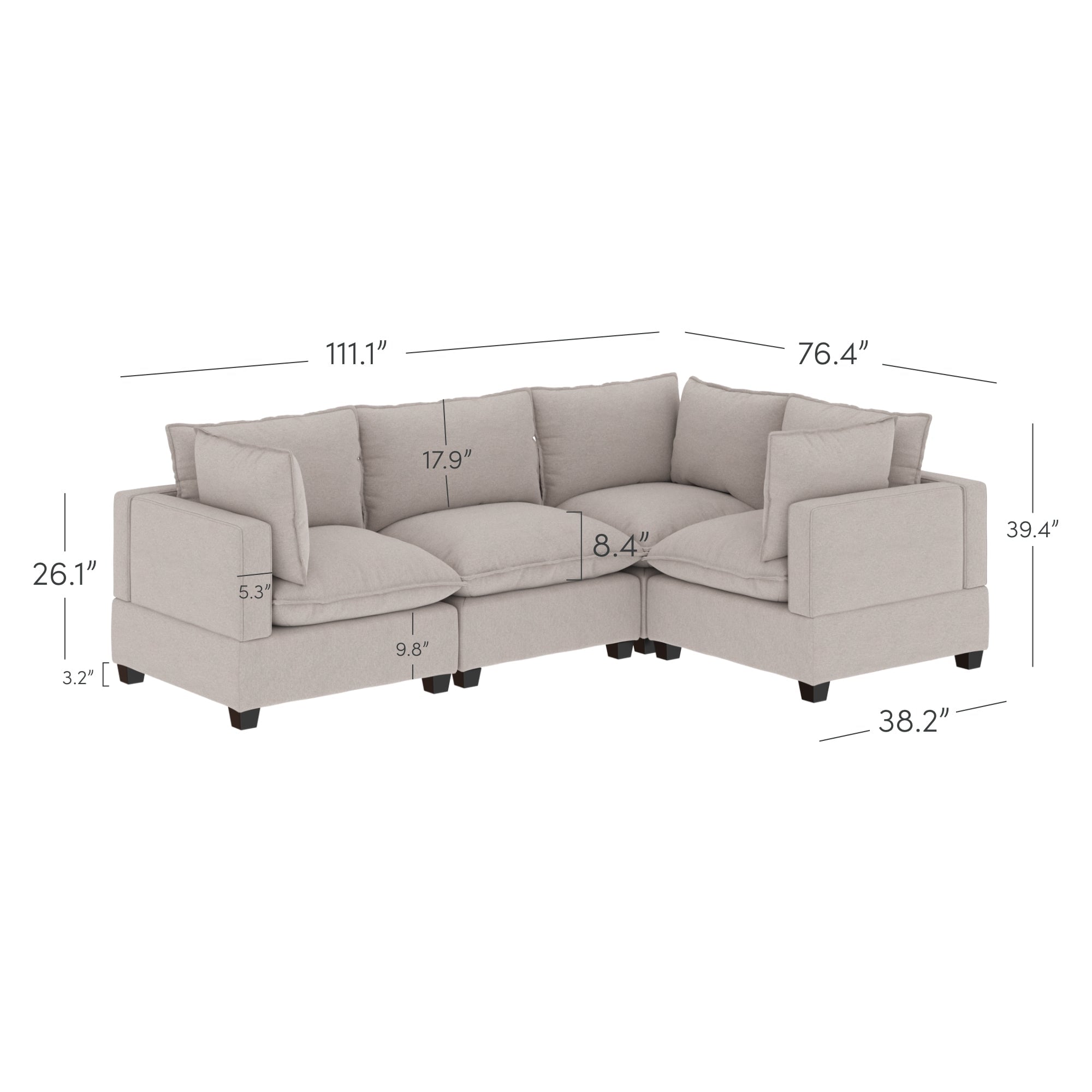 Canapé modulaire rembourré Chelsea Modern Cloud avec assise profonde et coussins moelleux