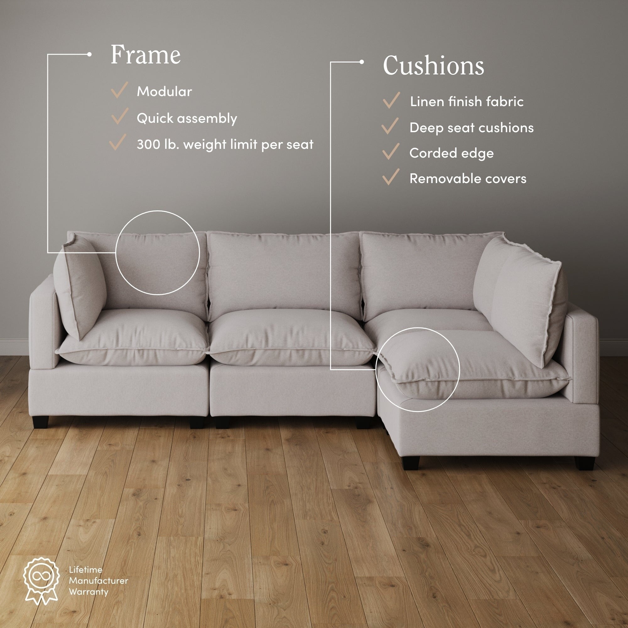 Canapé modulaire rembourré Chelsea Modern Cloud avec assise profonde et coussins moelleux