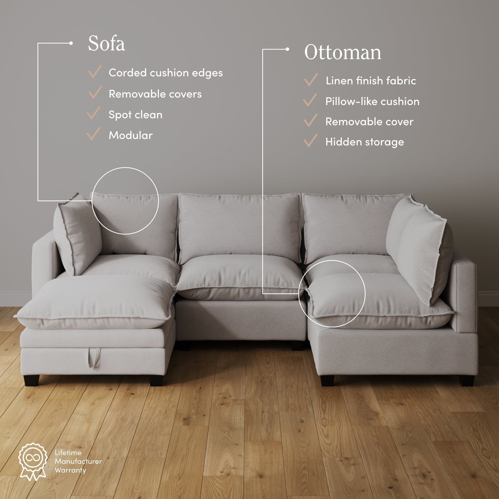 Canapé modulaire rembourré Chelsea Modern Cloud avec assise profonde et coussins moelleux