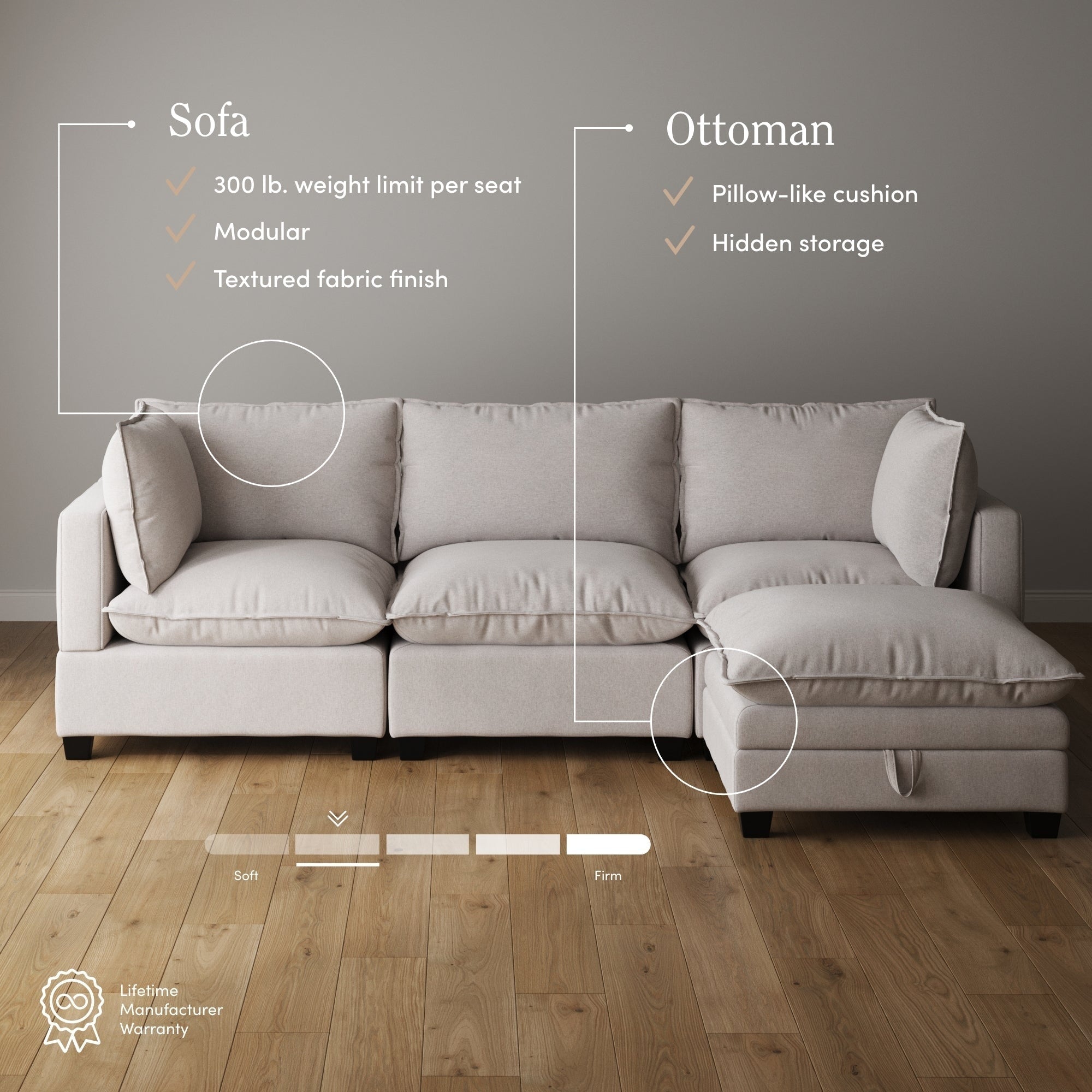 Canapé modulaire rembourré Chelsea Modern Cloud avec assise profonde et coussins moelleux