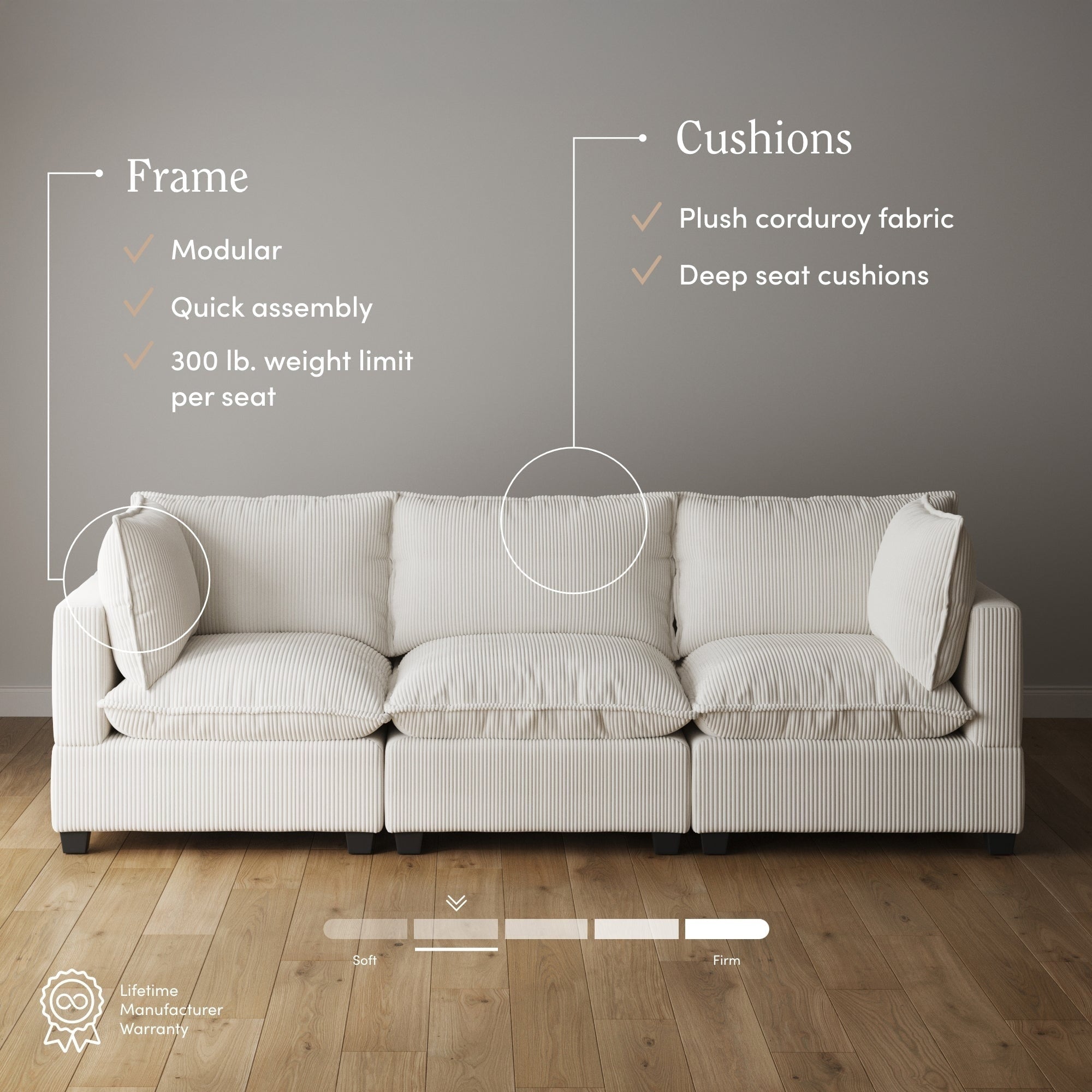 Canapé modulaire rembourré Chelsea Modern Cloud avec assise profonde et coussins moelleux