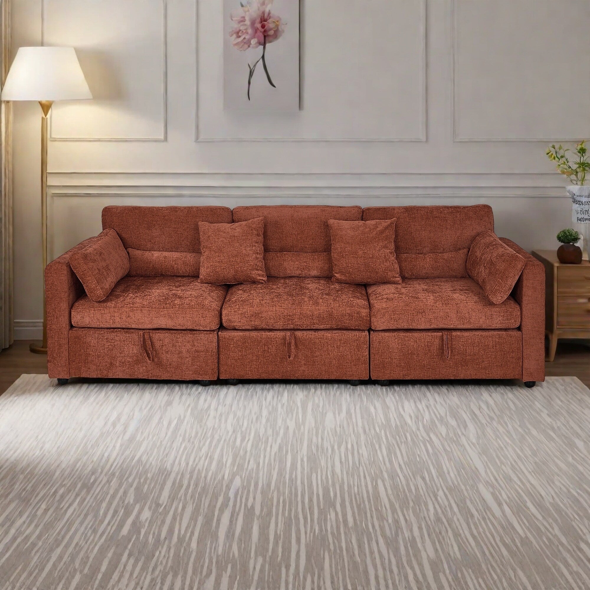 Canapé 3 places en chenille avec pieds en bois massif et pieds en quincaillerie antirouille