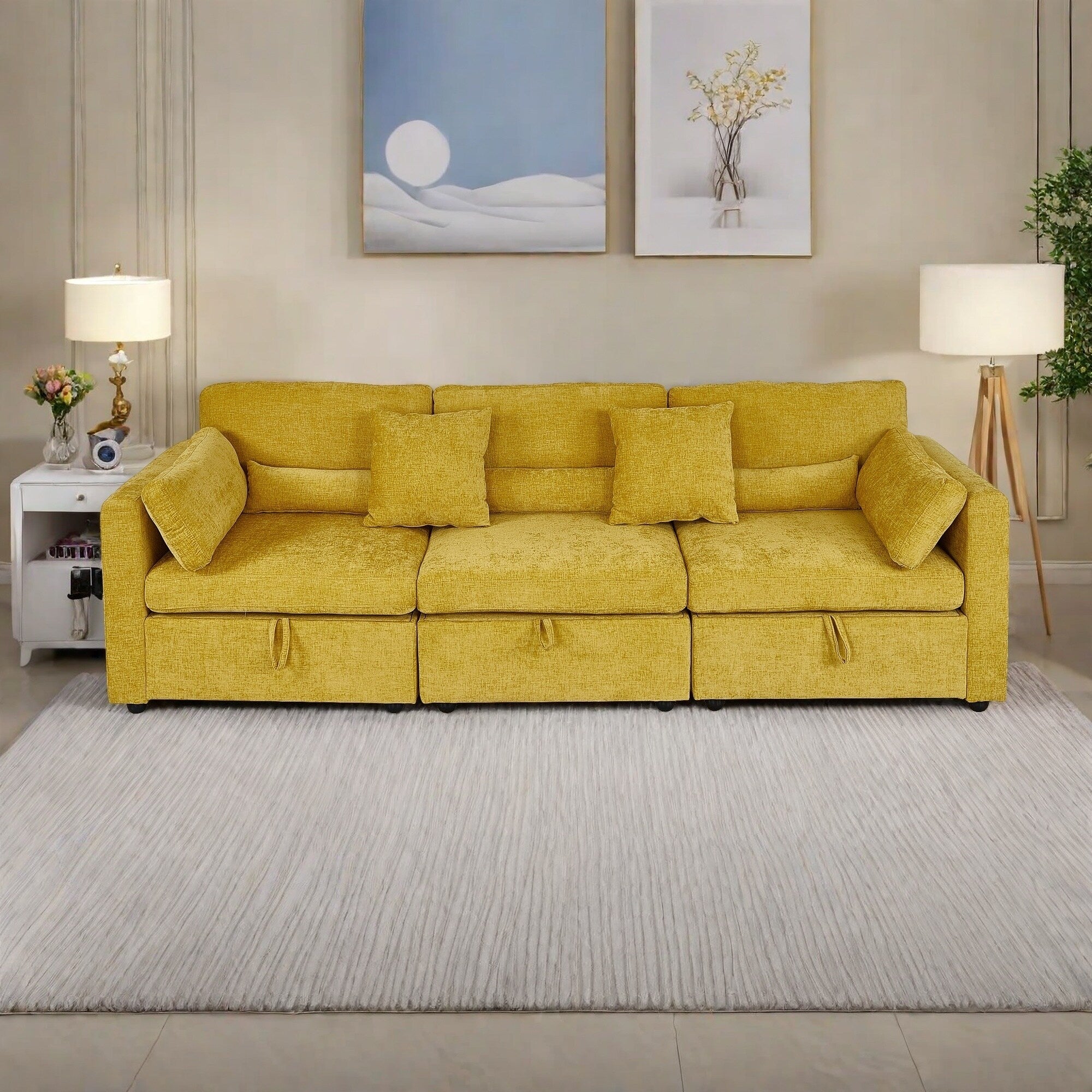 Canapé 3 places en chenille avec pieds en bois massif et pieds en quincaillerie antirouille