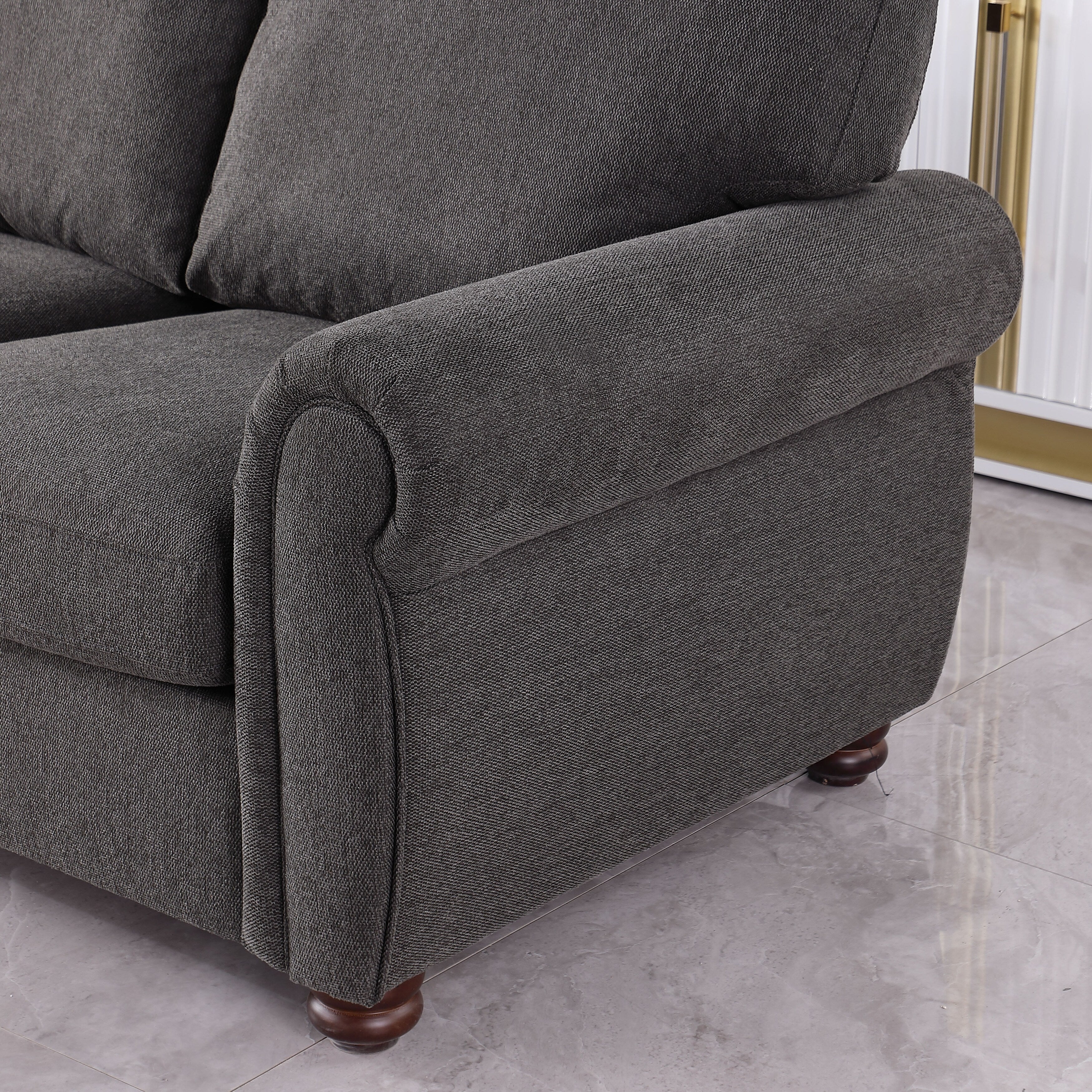 Canapé 3 places en chenille avec accoudoirs roulés