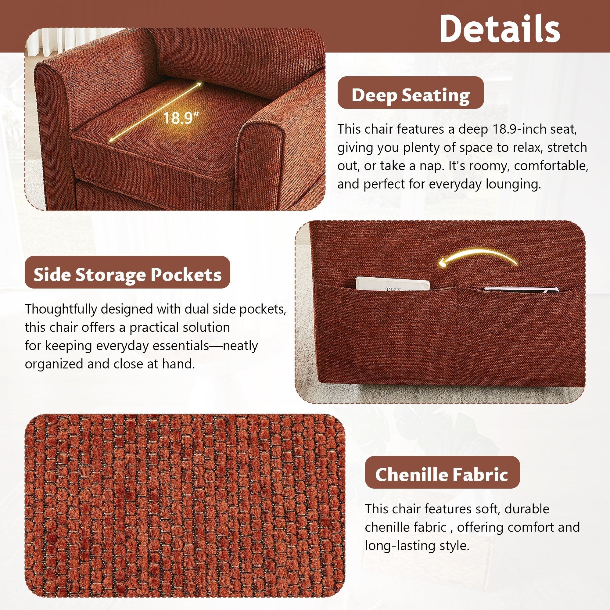 Fauteuil pivotant à 360° en chenille, fauteuil moderne avec poches latérales, fauteuil pivotant, fauteuil inclinable ergonomique pour chambre à coucher