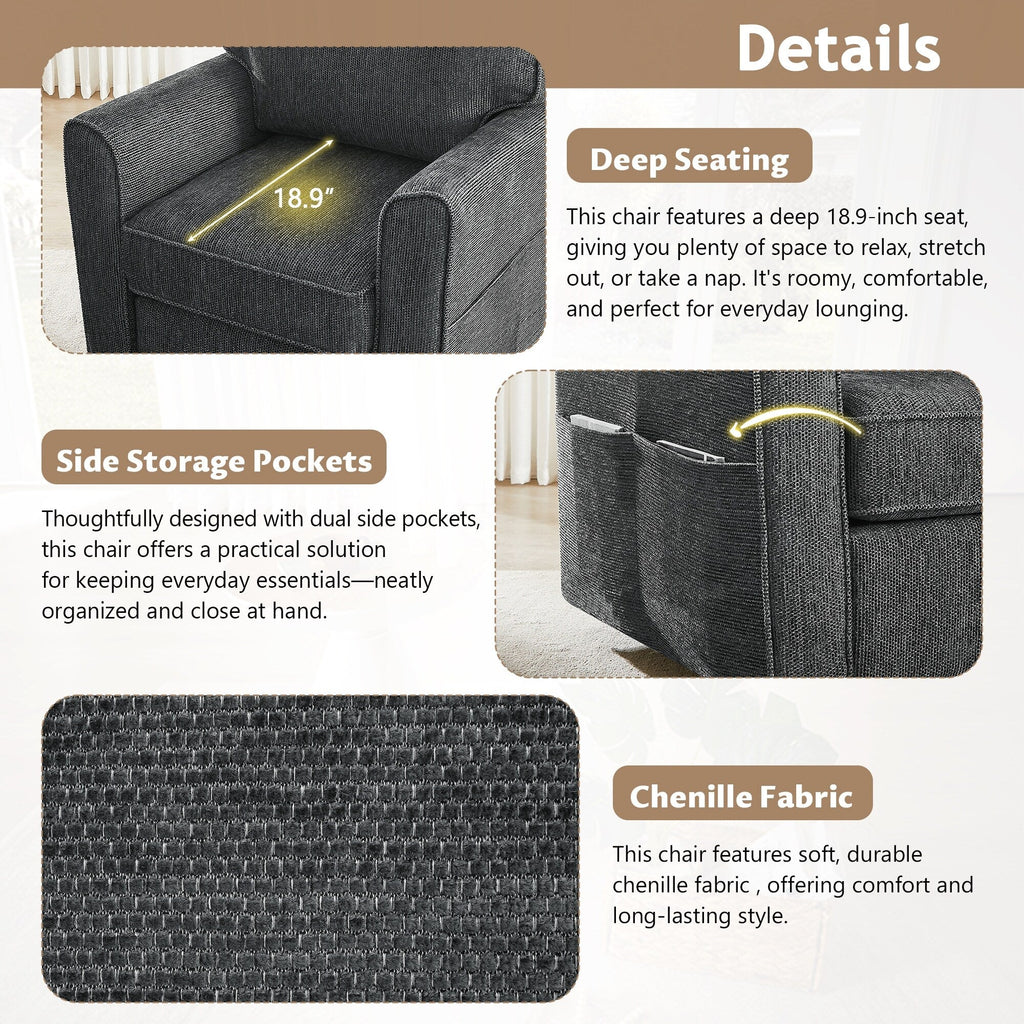 Fauteuil pivotant à 360° en chenille, fauteuil moderne avec poches latérales, fauteuil pivotant, fauteuil inclinable ergonomique pour chambre à coucher